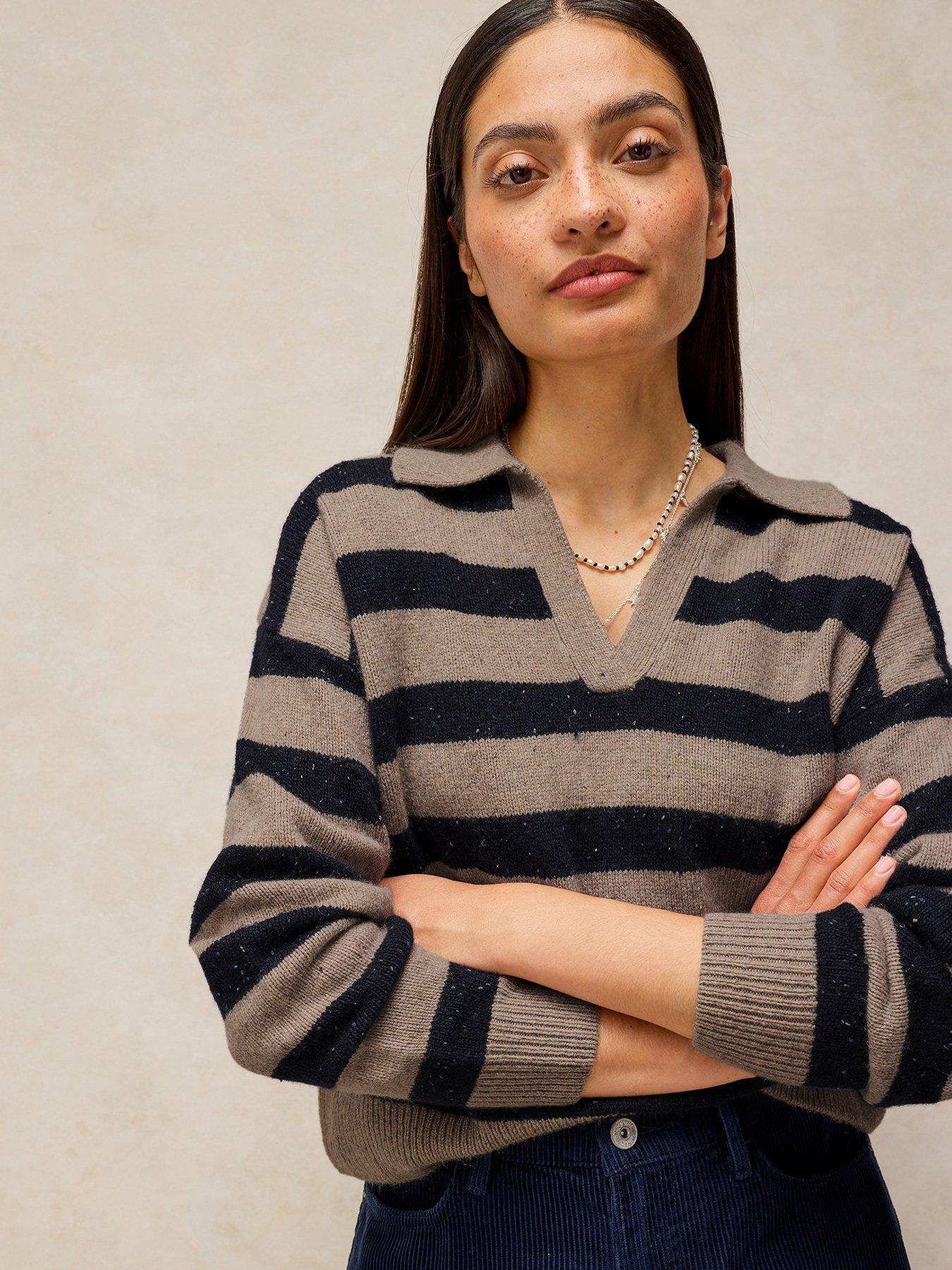White Stuff Izzy Wool Blend Collared Stripe Jumper - Beige