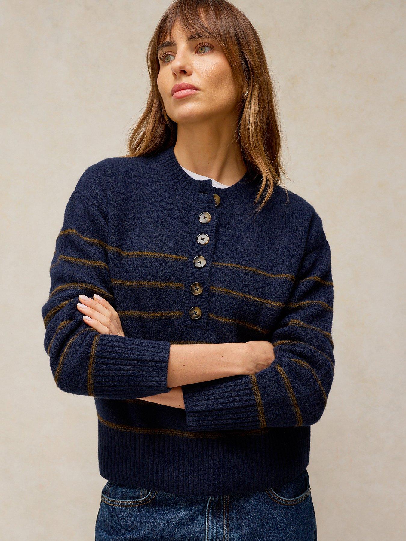 Image 1 of 5 of White Stuff Stripe Henley Button-Front Knitted Jumper - Blue