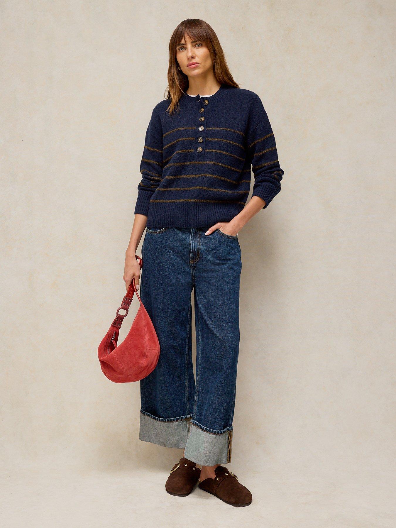 Image 3 of 5 of White Stuff Stripe Henley Button-Front Knitted Jumper - Blue