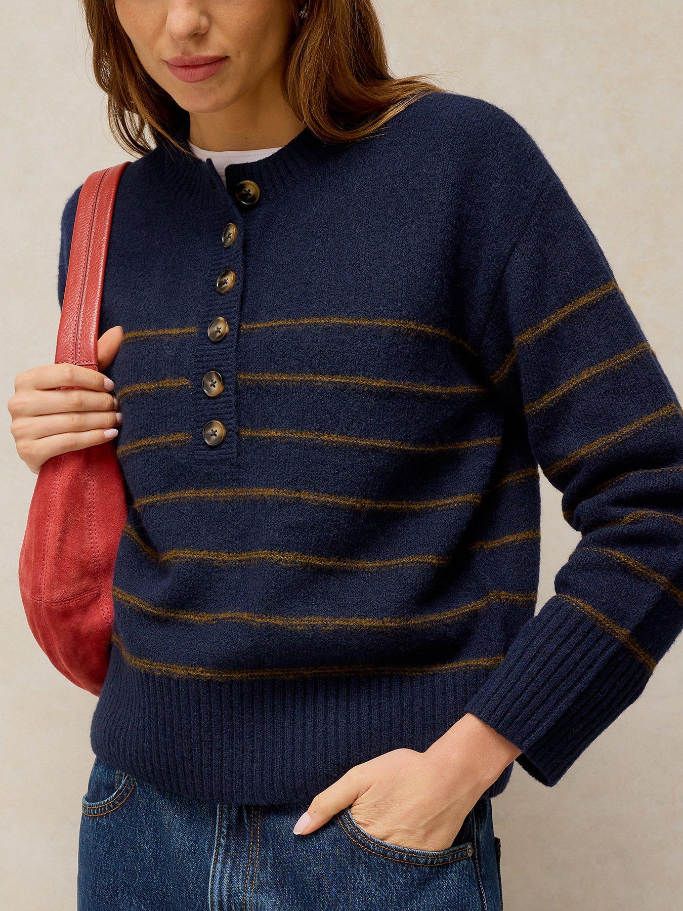 Image 4 of 5 of White Stuff Stripe Henley Button-Front Knitted Jumper - Blue