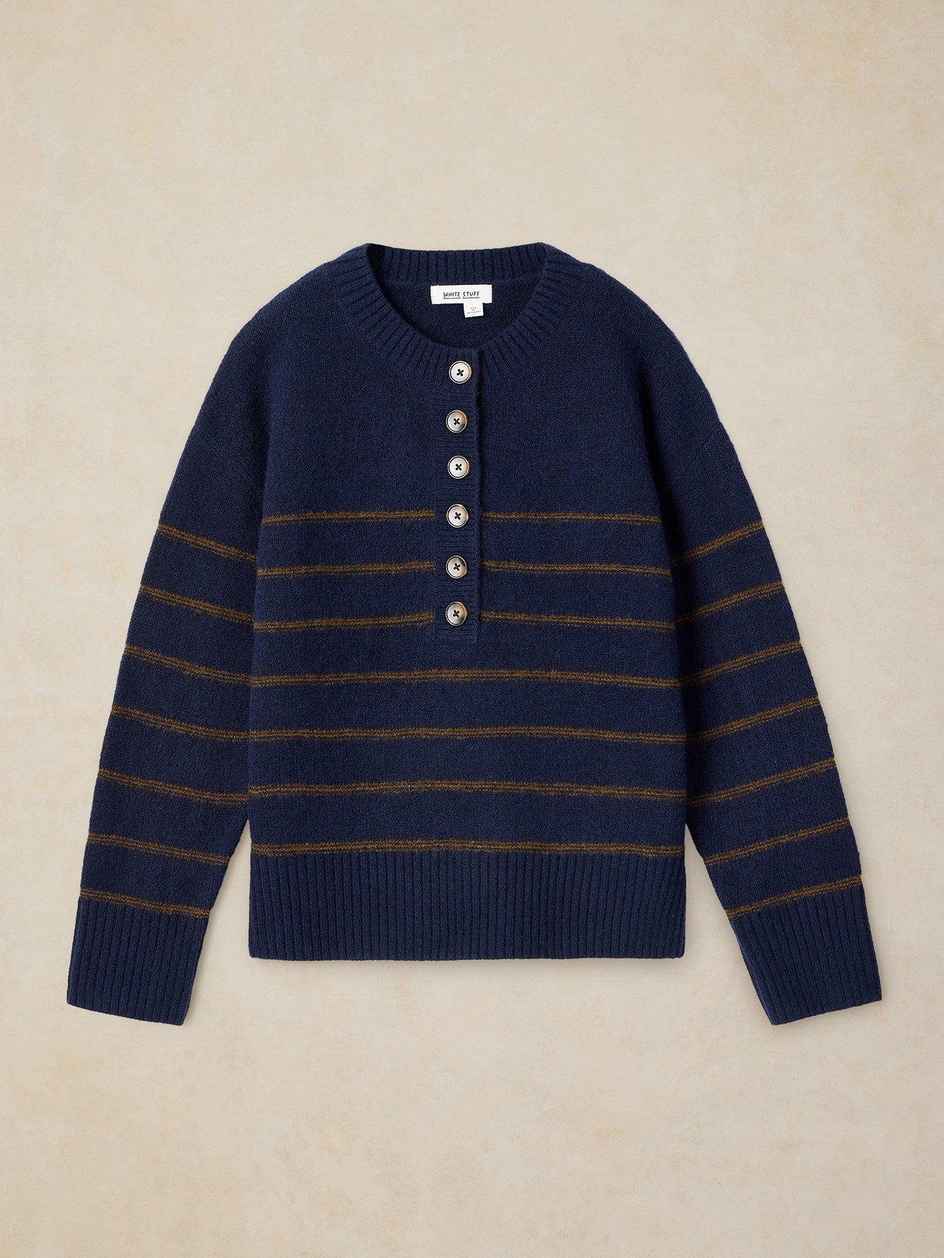 Image 5 of 5 of White Stuff Stripe Henley Button-Front Knitted Jumper - Blue