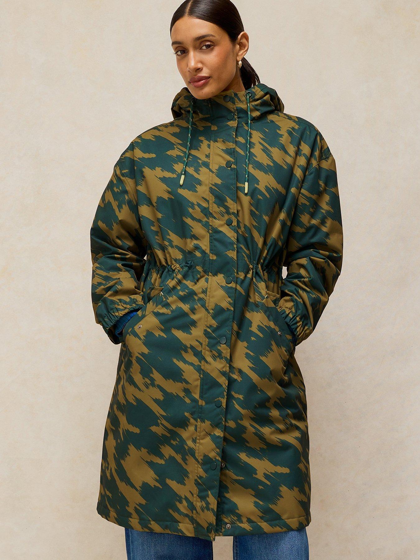 White Stuff Women's Waterproof Hooded Printed Longline Coat - Green