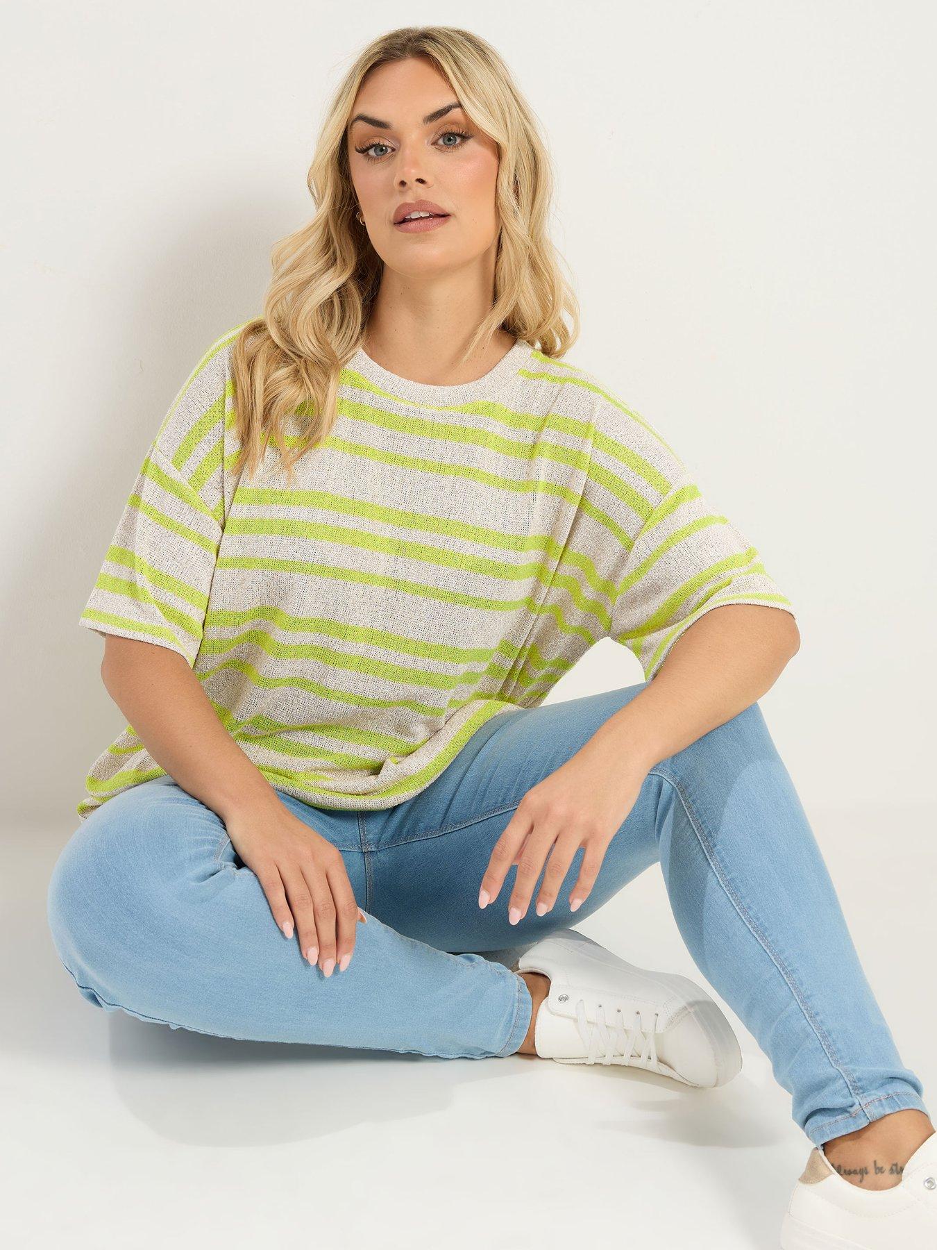 Yours Curve Boxy Knitted Stripe T-Shirt - Green