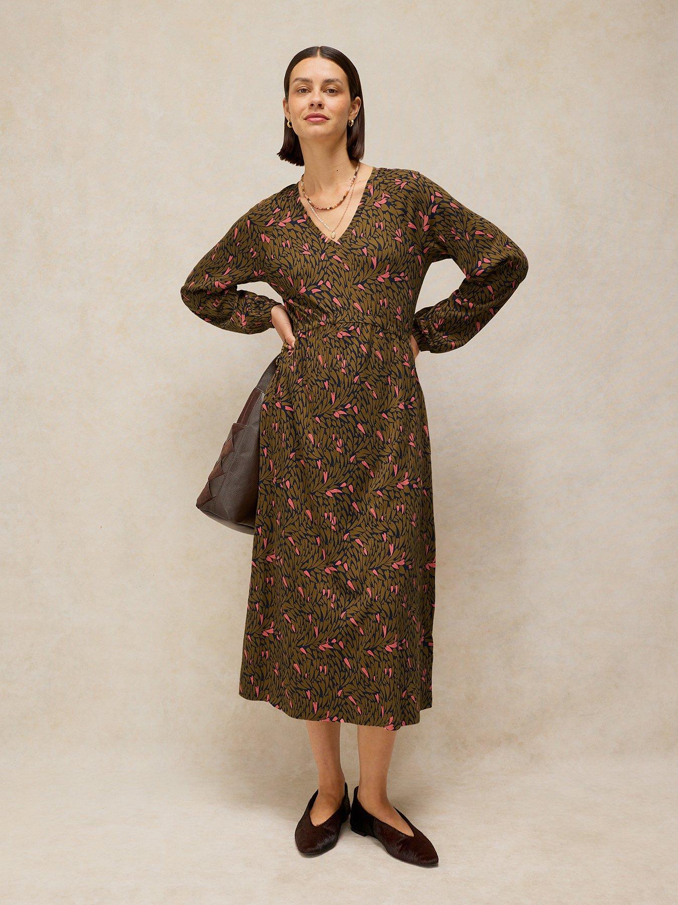 White Stuff Women's Floral Print Wrap Front Jersey Midi Dress - Green