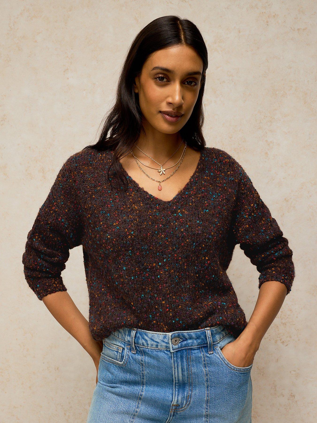 Image 1 of 5 of White Stuff Womens Textured V Neck Relaxed Jumper - Brown