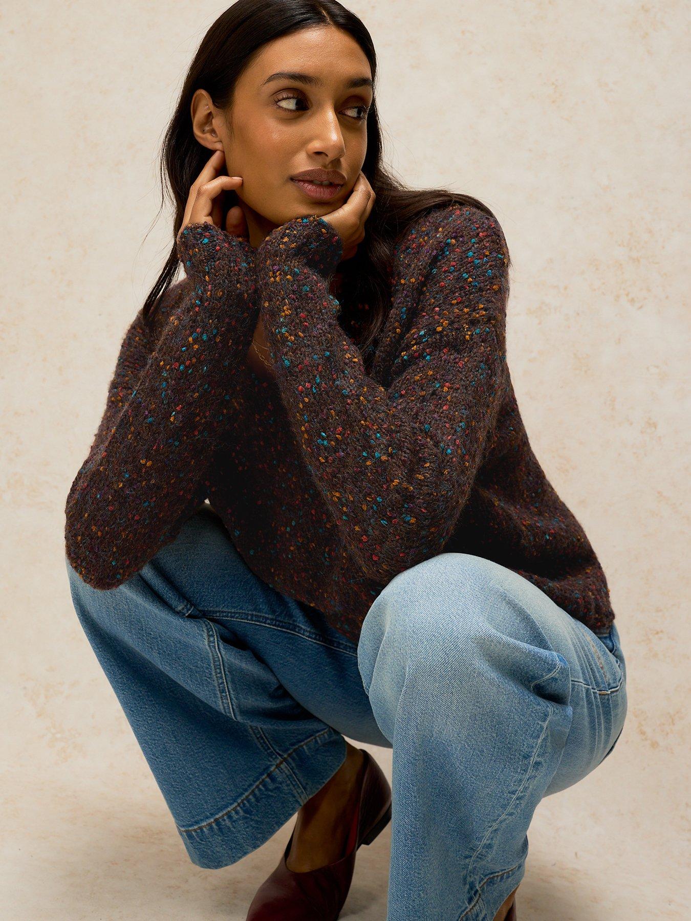 Image 4 of 5 of White Stuff Womens Textured V Neck Relaxed Jumper - Brown