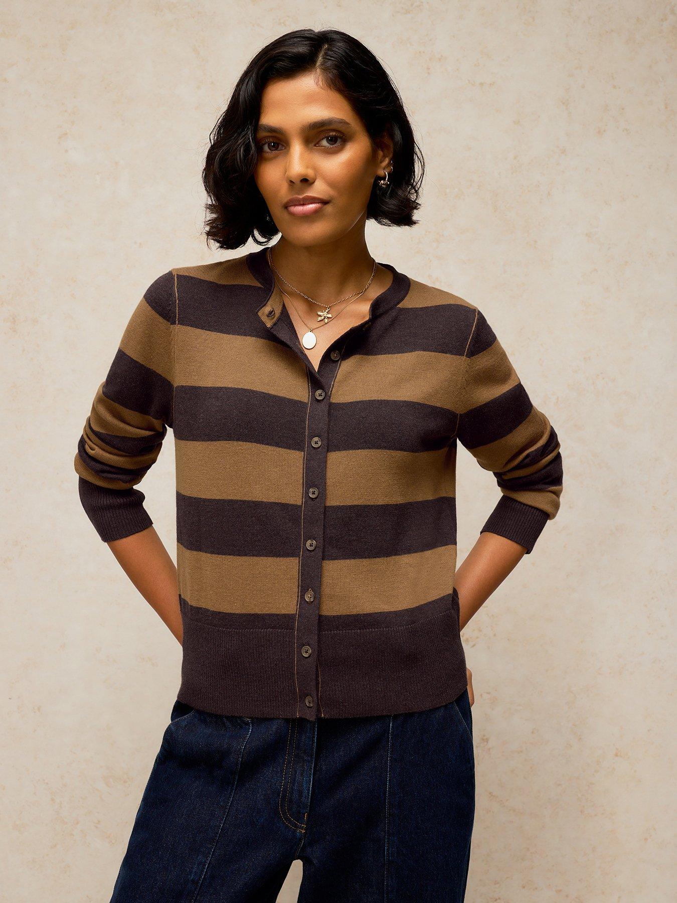 White Stuff Lois Crew Neck Stripe Cardigan - Brown