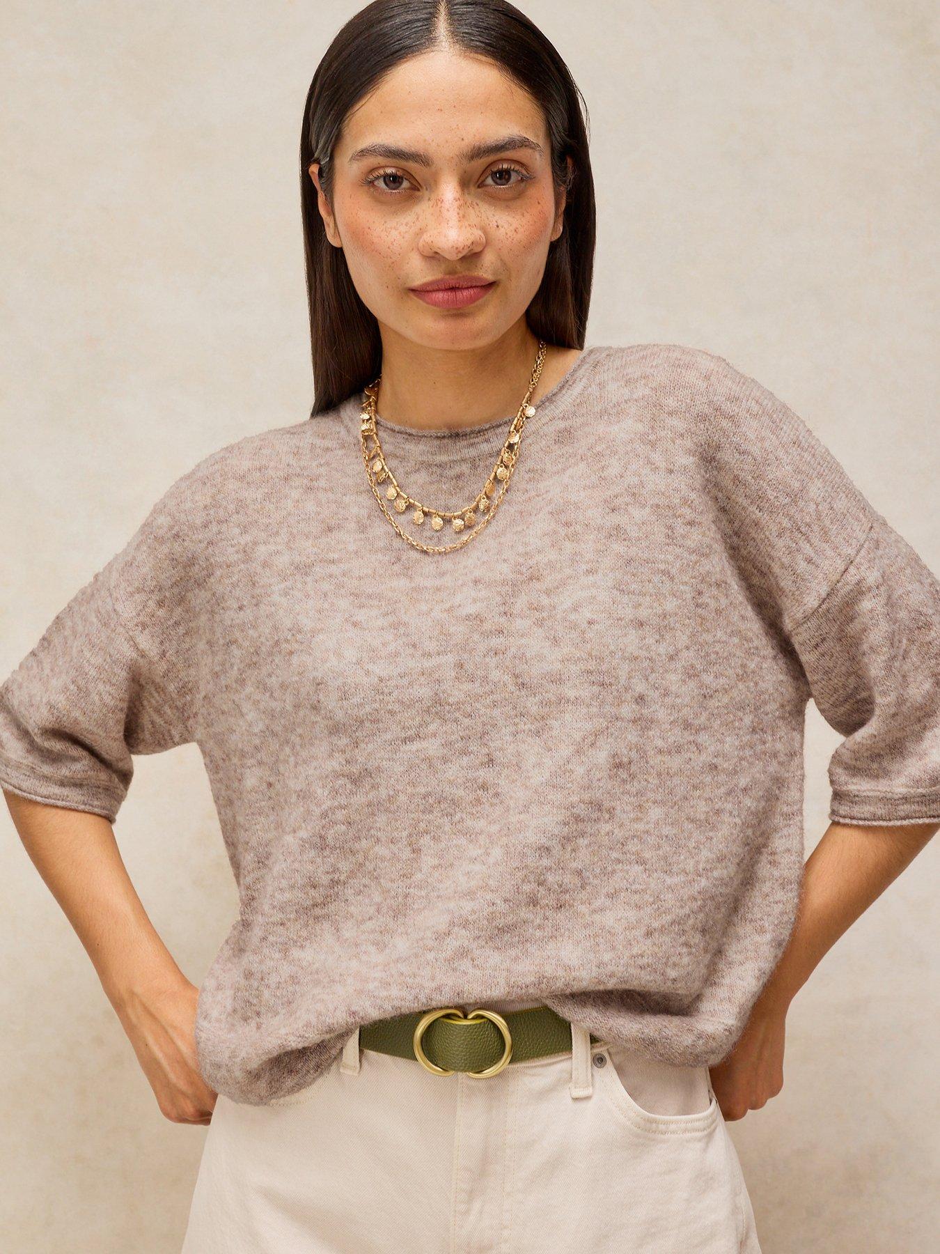 Image 1 of 5 of White Stuff Womens Kate Knitted Relaxed Boxy Dropped Shoulder T-Shirt - Cream