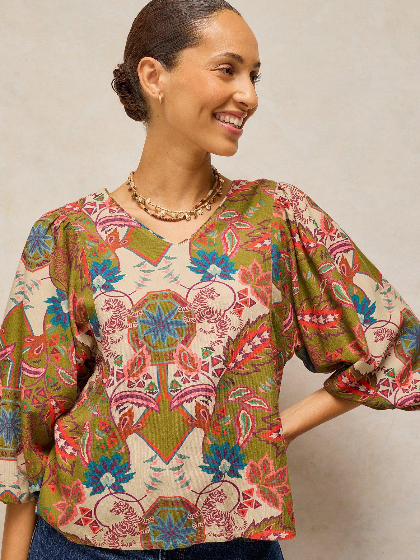 White Stuff Matilda Printed V-Neck Long Sleeve Top - Multi