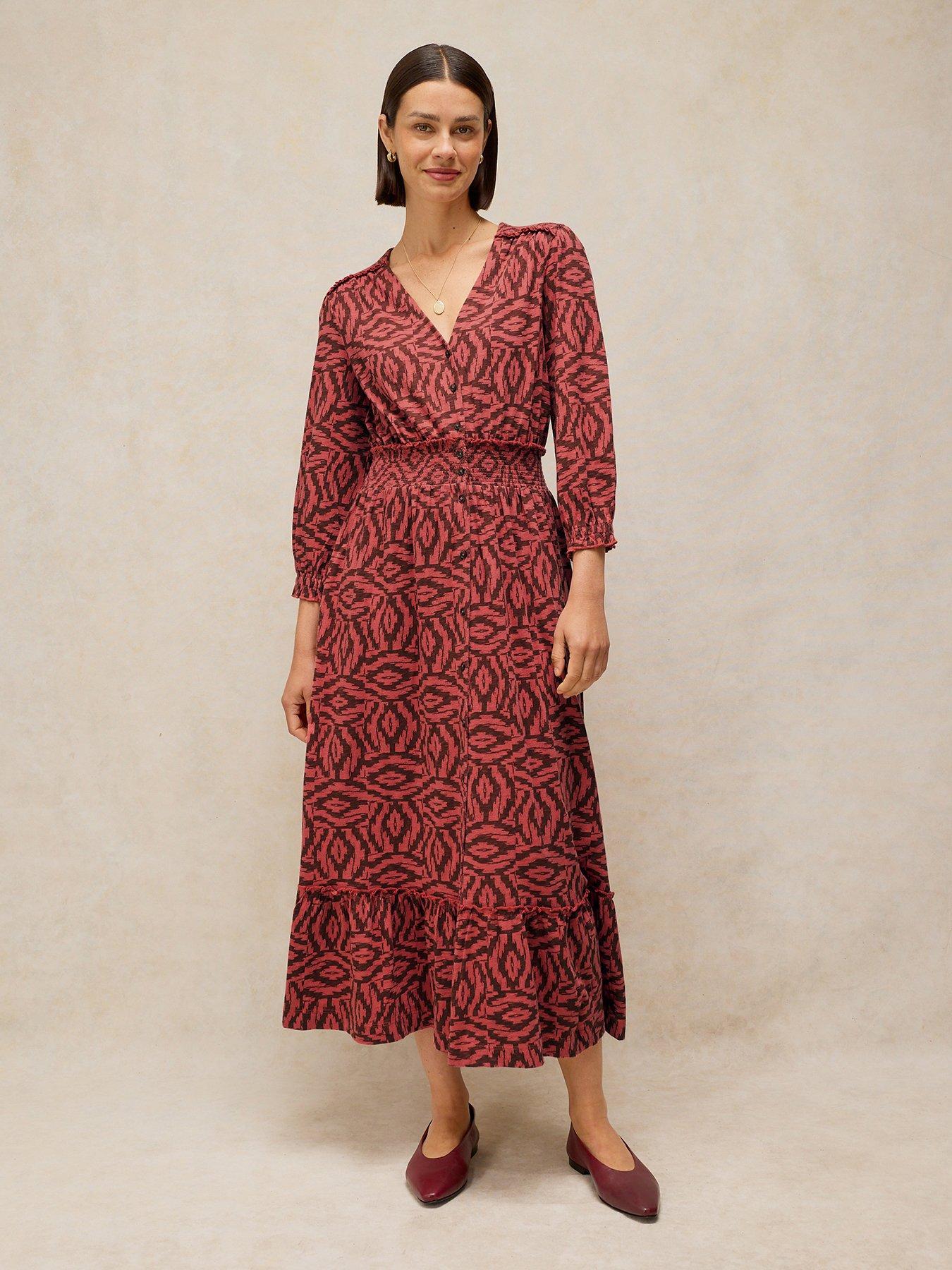 White Stuff Jonie Shirred Printed Midaxi Dress - Red