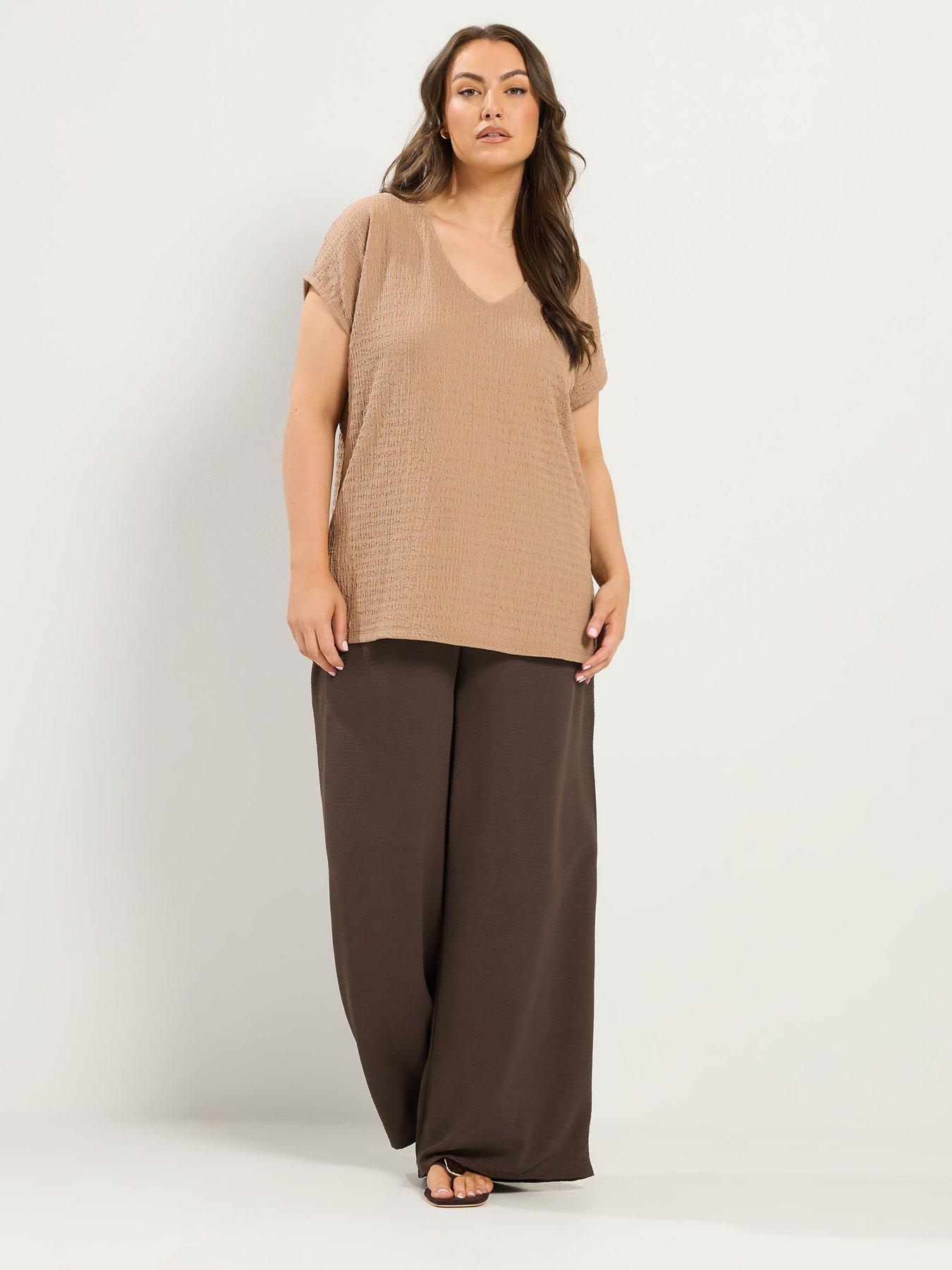 Image 3 of 4 of Yours Curve Washed Twill Wide Leg Regular Length Trousers - Brown