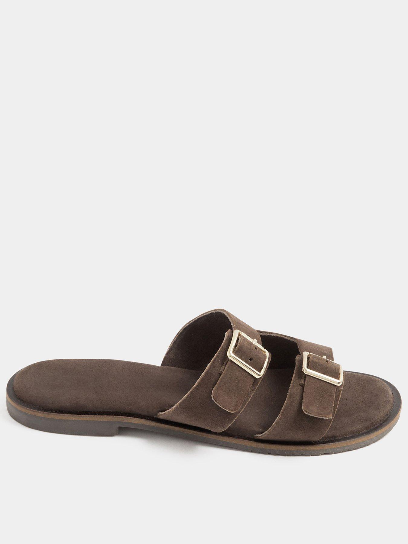 Yours Double Buckle Footed Mule In Extra Wide EEE Fit - Chocolate Brown
