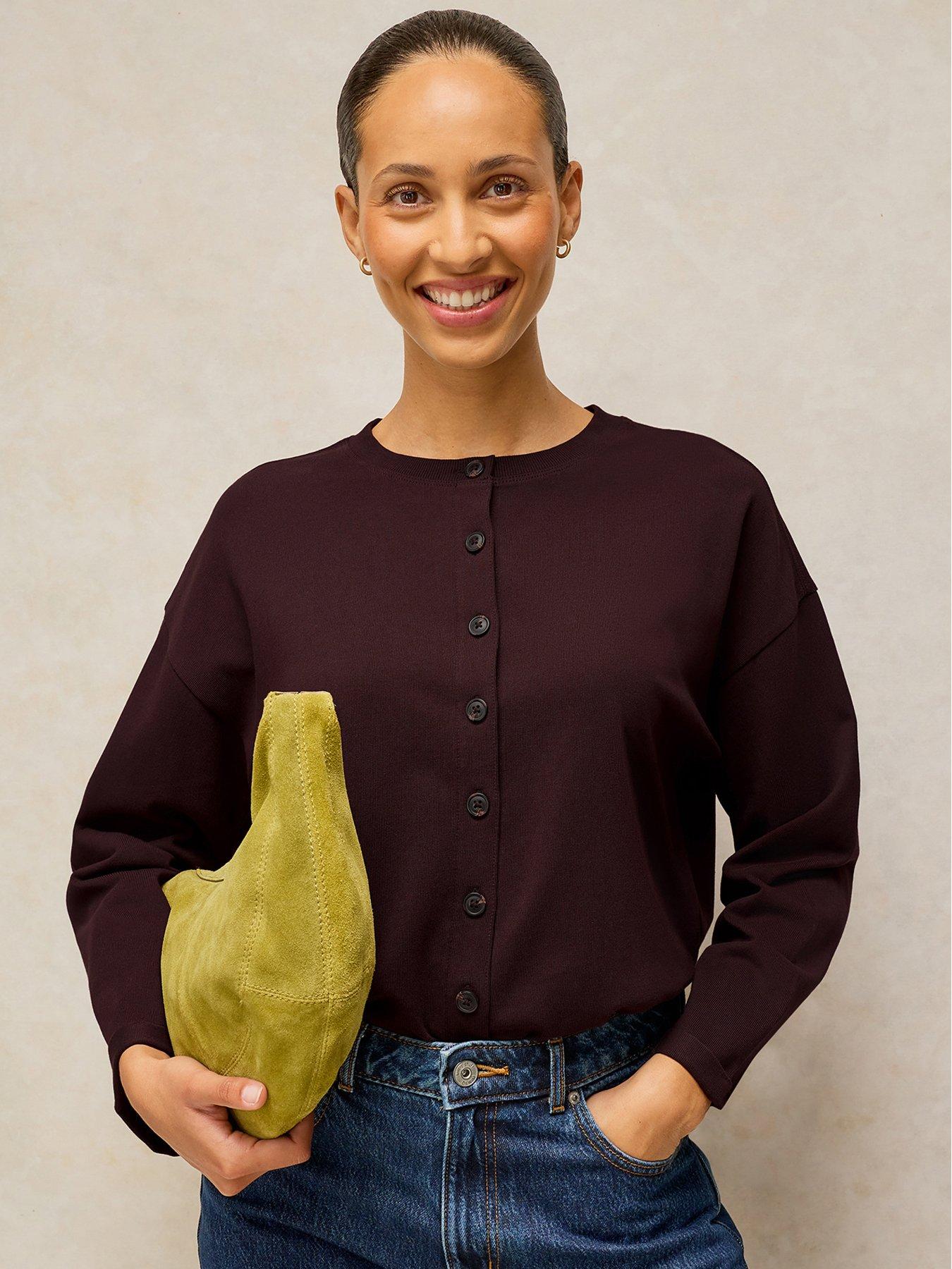 White Stuff Kim Button-Through Long Sleeve Tee - Brown