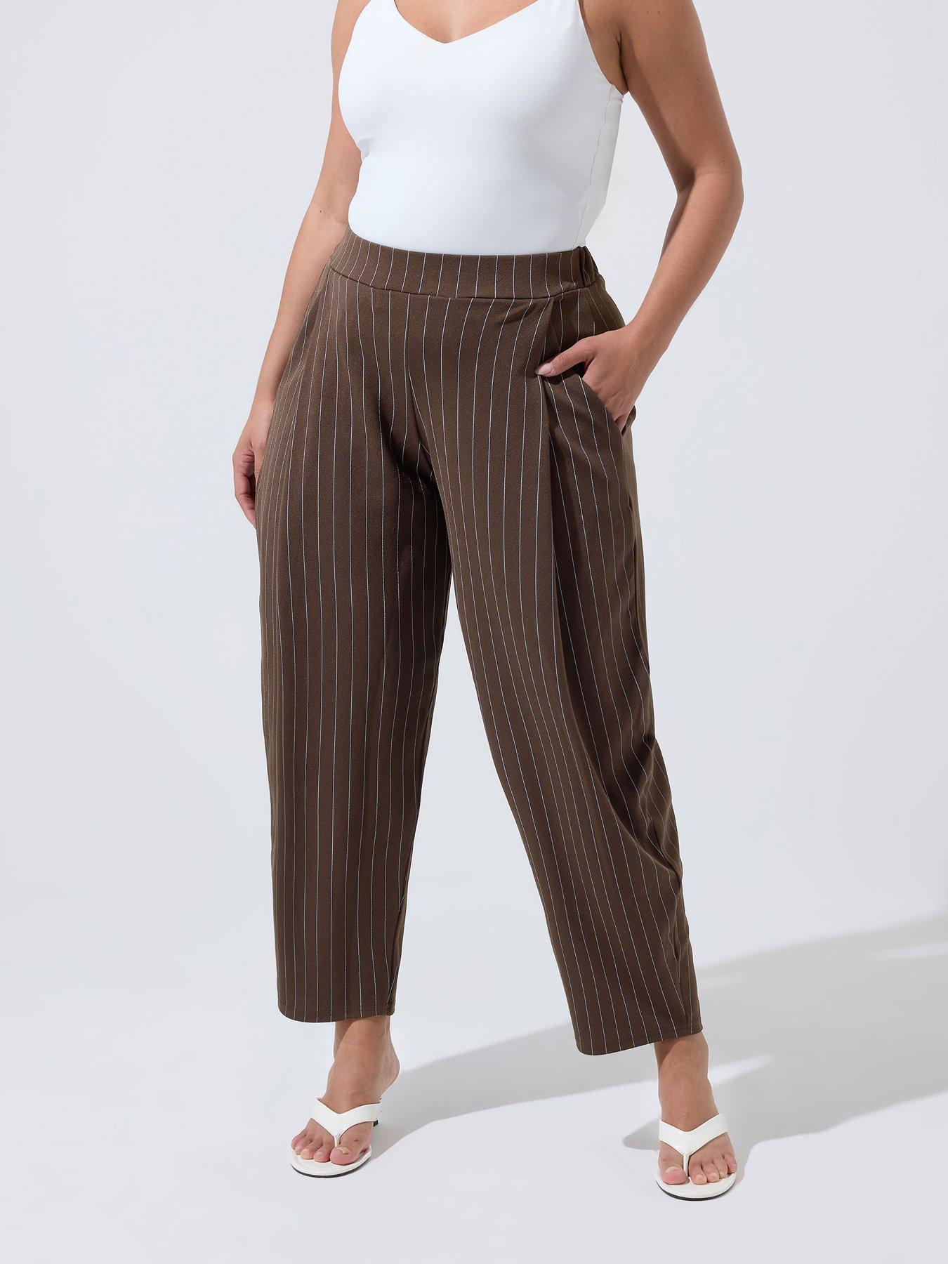 Yours Curve Pinstripe Barrel Leg Trouser - Brown