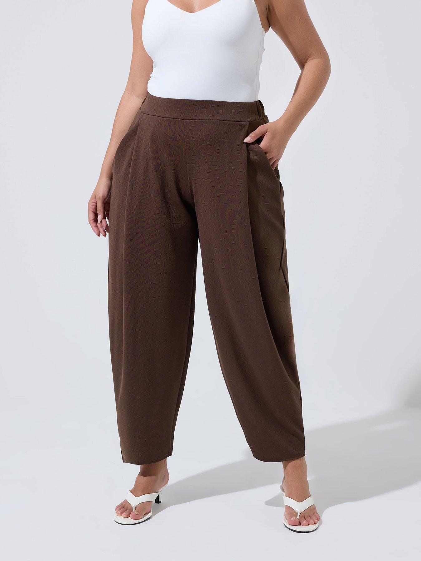 Yours Curve Barrel Pleat Trouser - Brown