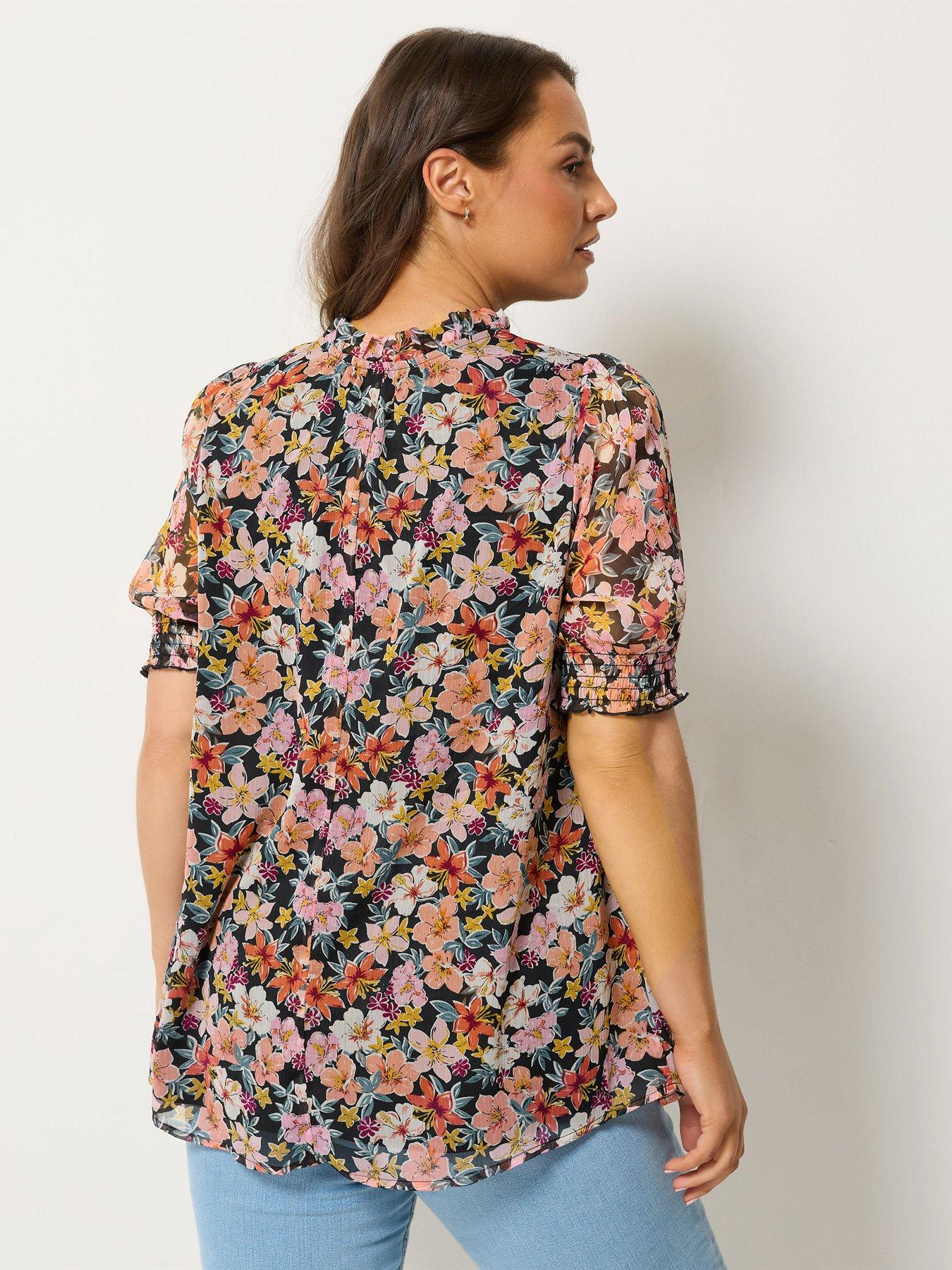Image 2 of 4 of Yours Curve Frill Neck Lined Blouse - Multi