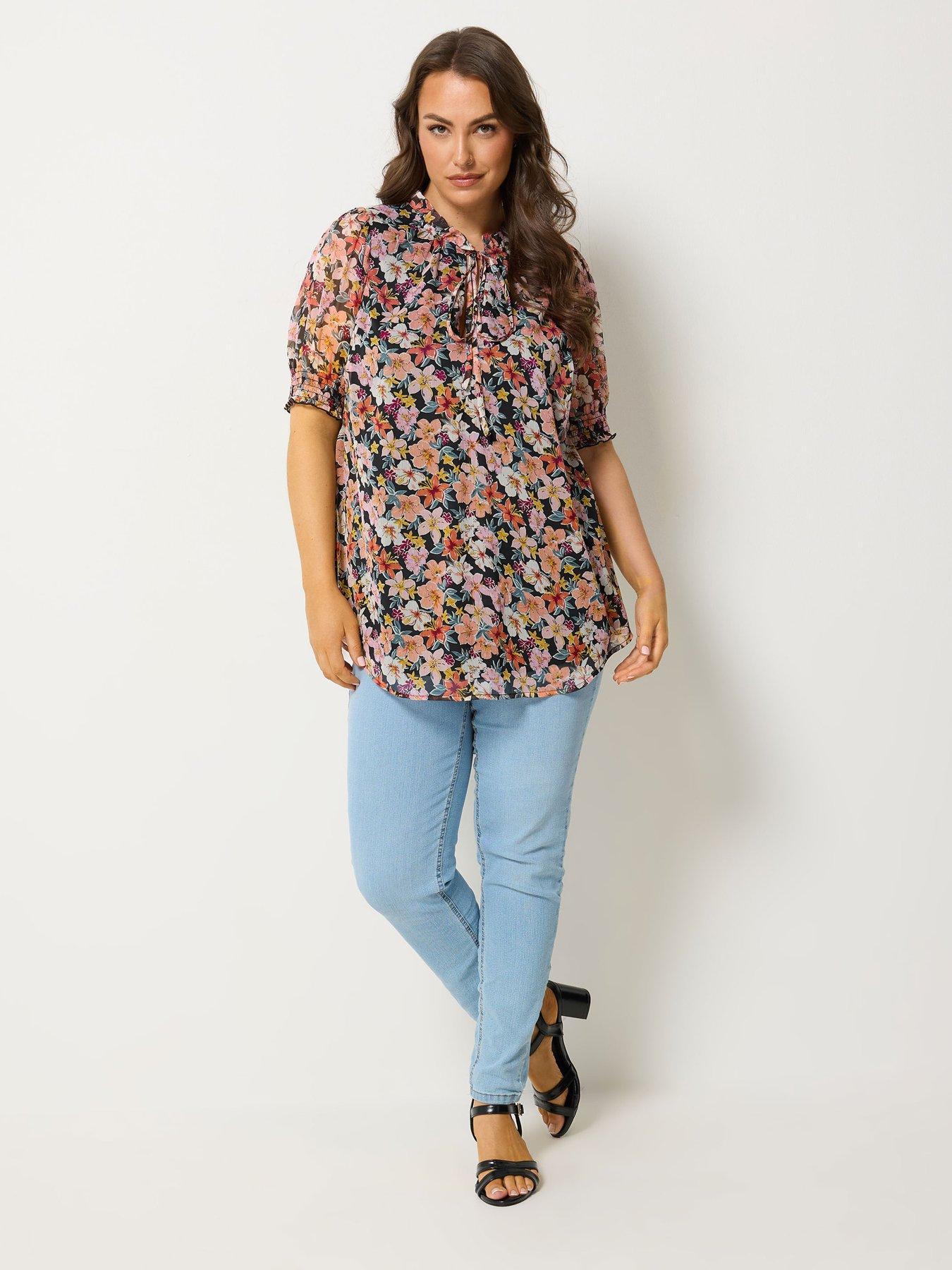 Image 3 of 4 of Yours Curve Frill Neck Lined Blouse - Multi