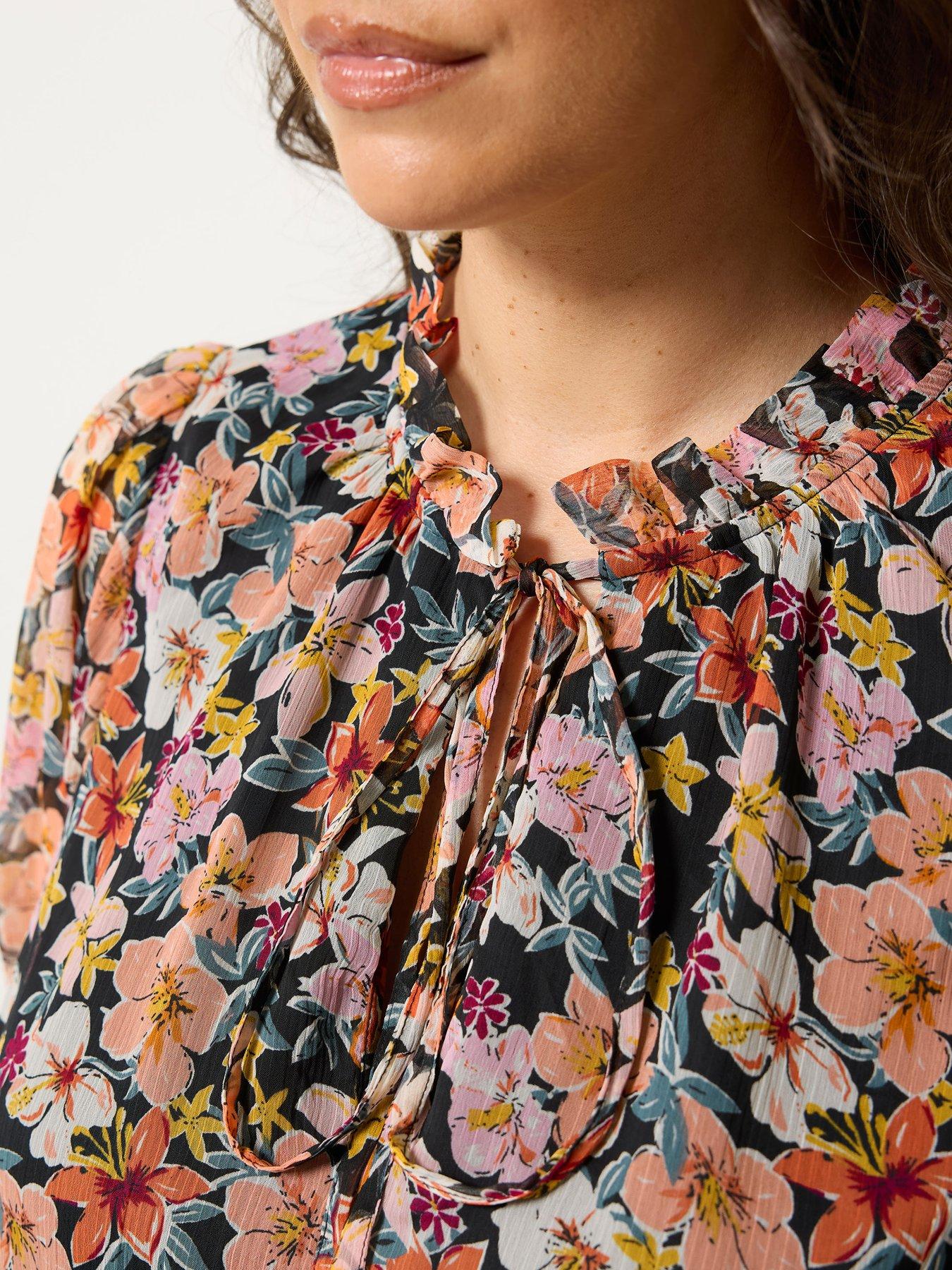 Image 4 of 4 of Yours Curve Frill Neck Lined Blouse - Multi