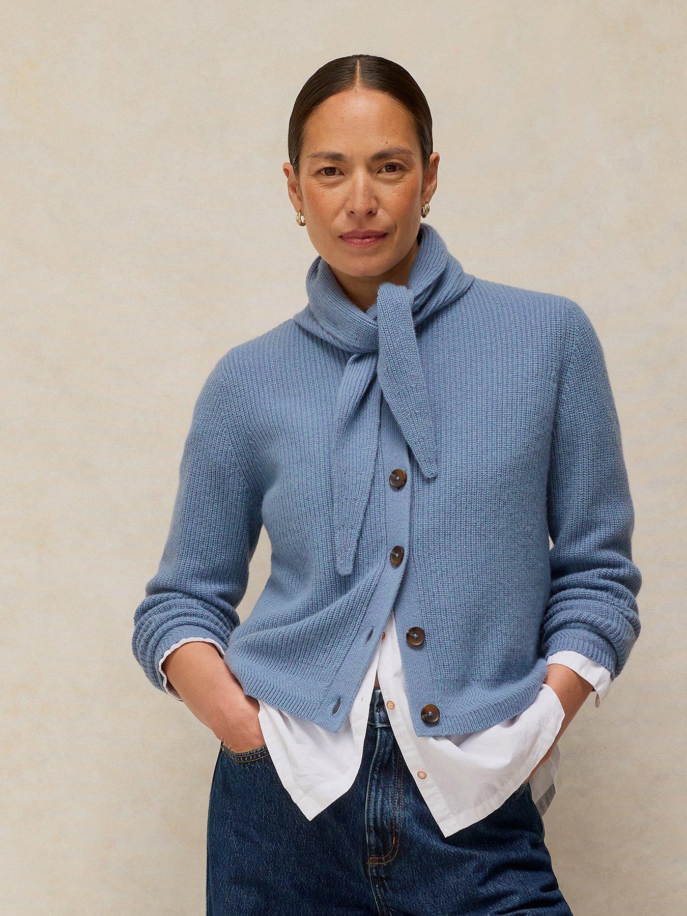 Image 1 of 5 of White Stuff Womens Rib Scarf-Tie Ribbed Button-Through Cardigan - Blue