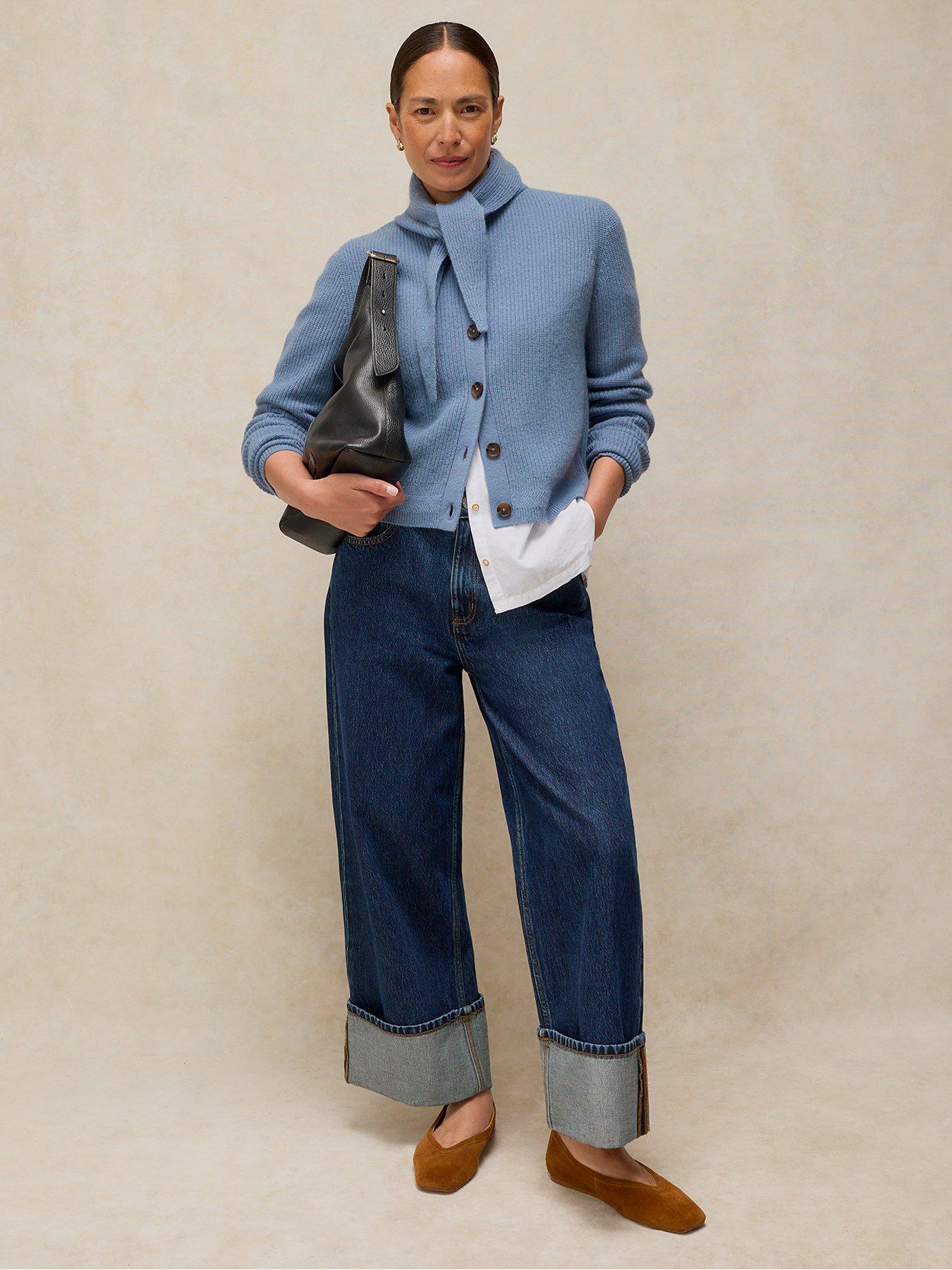 Image 3 of 5 of White Stuff Womens Rib Scarf-Tie Ribbed Button-Through Cardigan - Blue