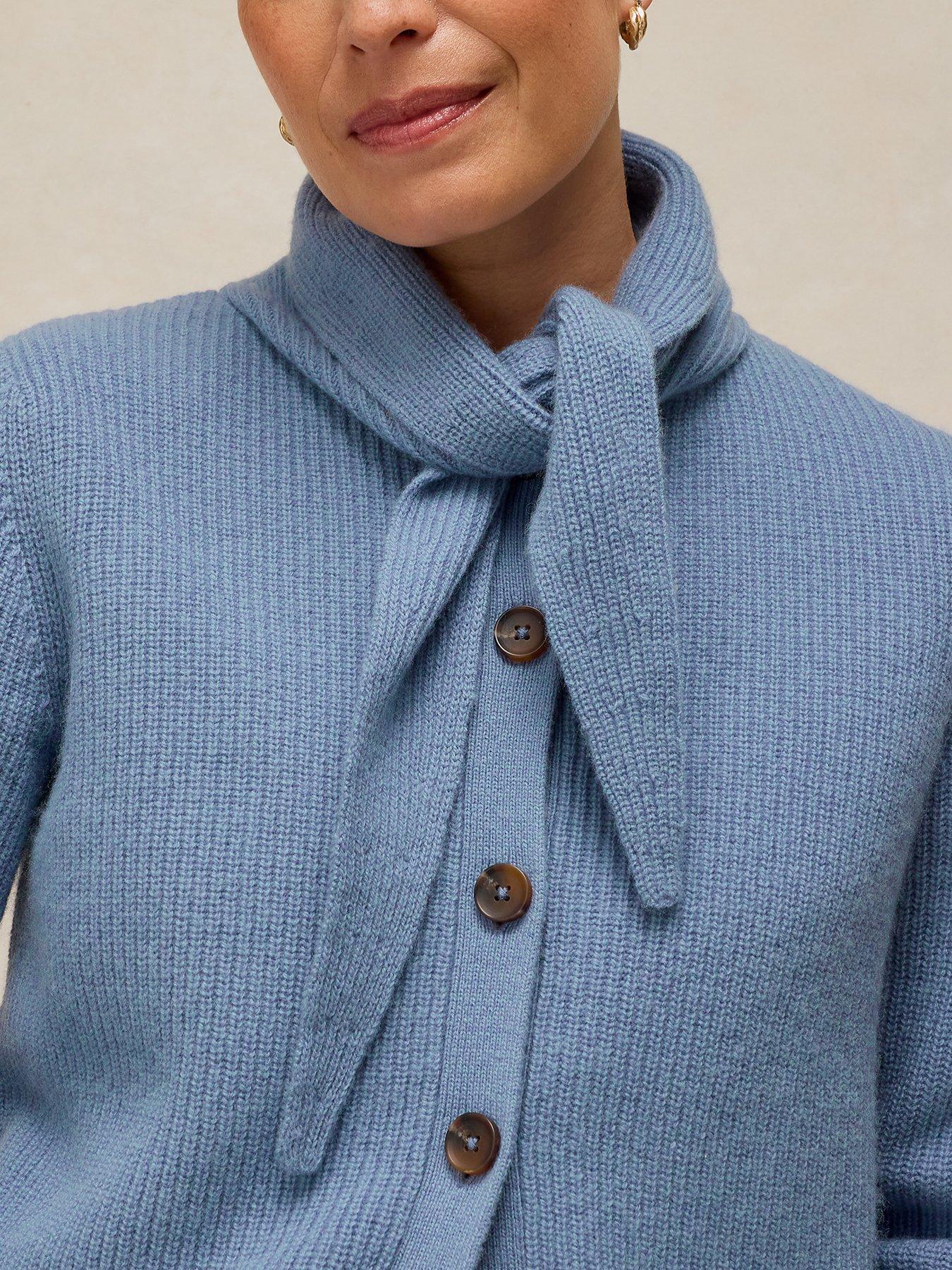 Image 4 of 5 of White Stuff Womens Rib Scarf-Tie Ribbed Button-Through Cardigan - Blue