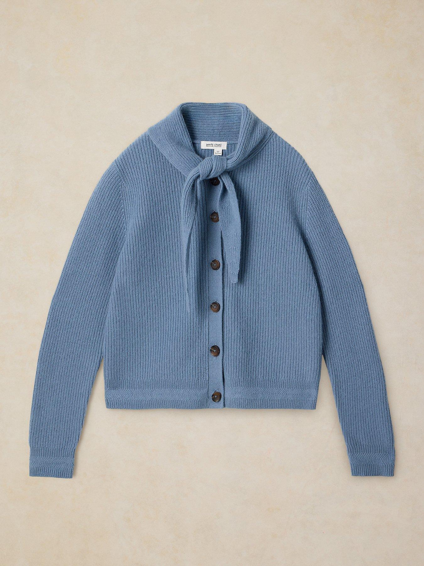 Image 5 of 5 of White Stuff Womens Rib Scarf-Tie Ribbed Button-Through Cardigan - Blue