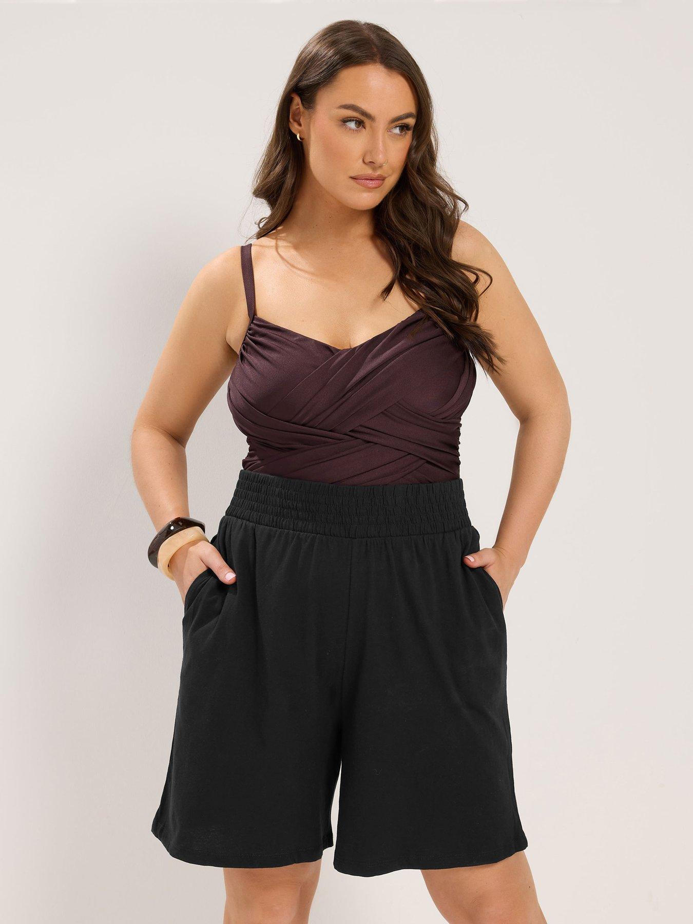 Yours Curve Jersey Shirred Shorts - Black