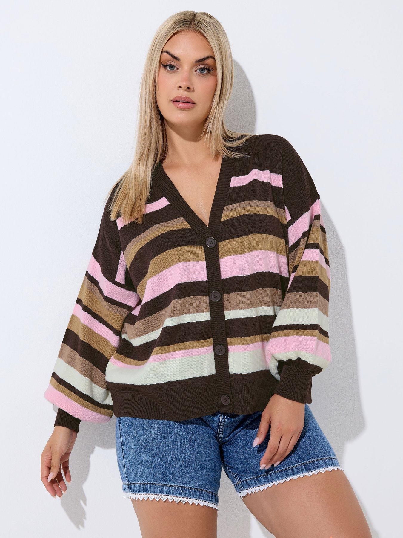 Yours Curve Stripe Balloon Sleeve Cardigan - Brown