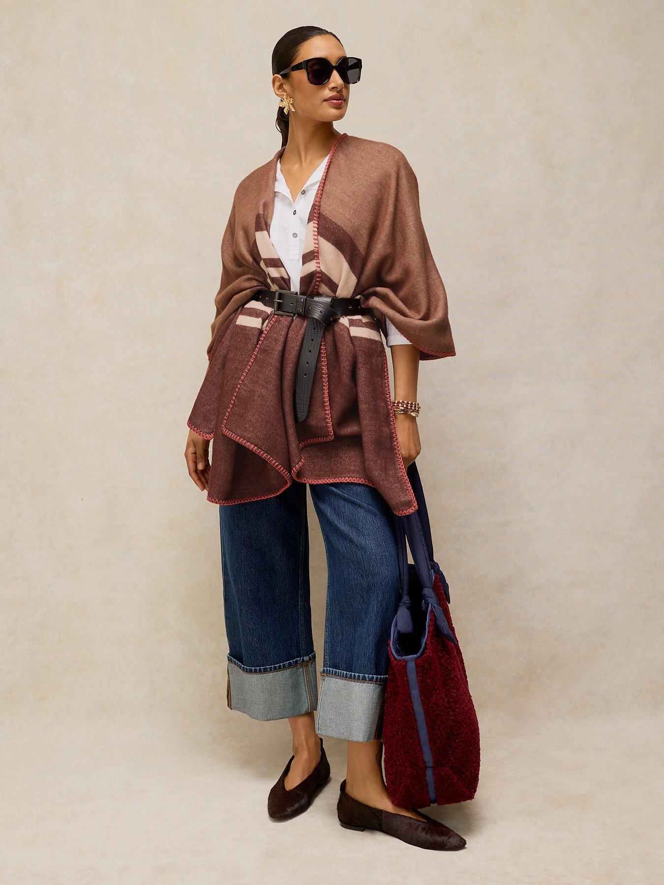 Image 1 of 6 of White Stuff Stripe Detail Poncho - Brown