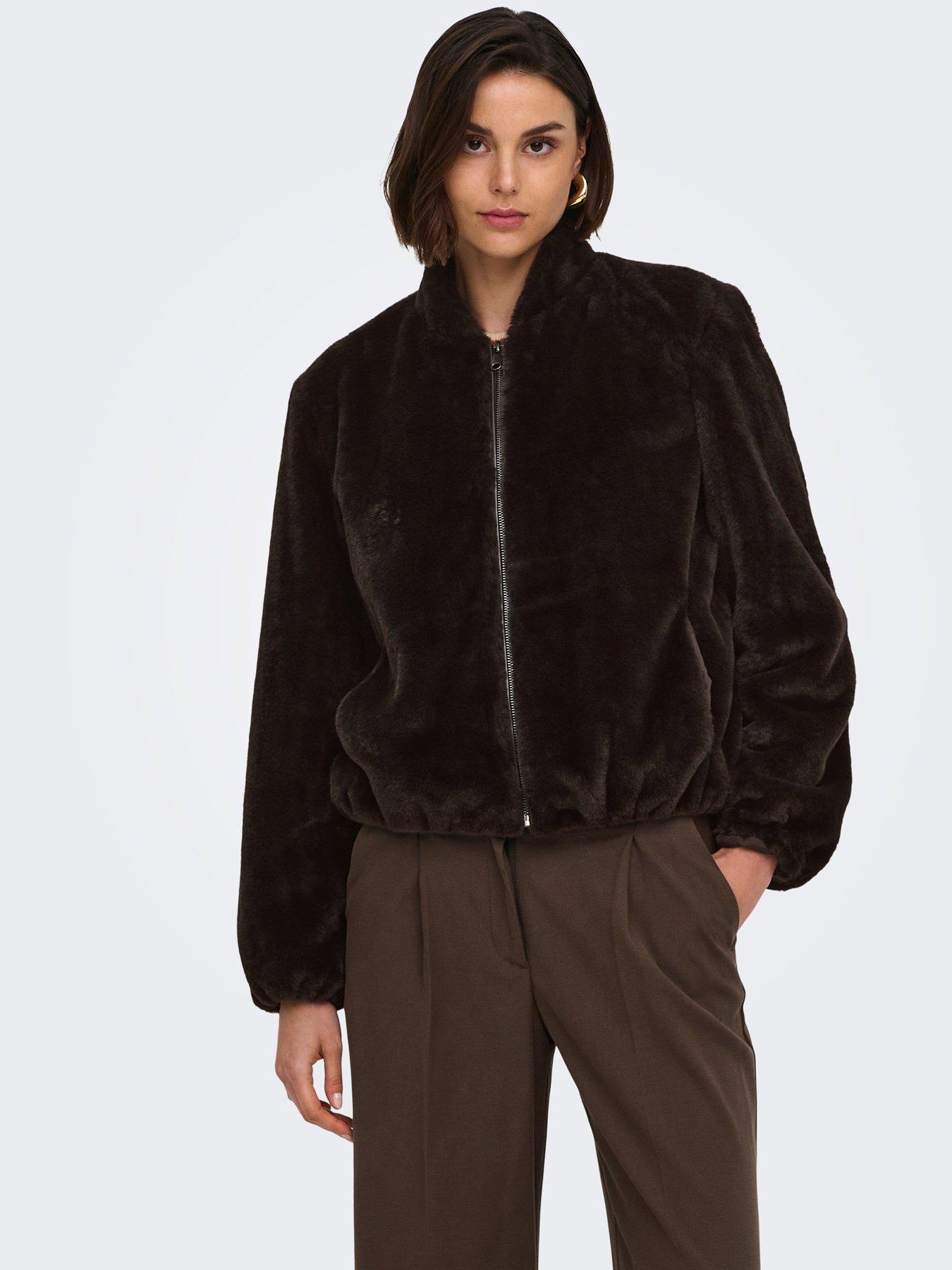 Image 1 of 7 of JDY Womens Macy Faux Fur Balloon Sleeve Jacket - Brown