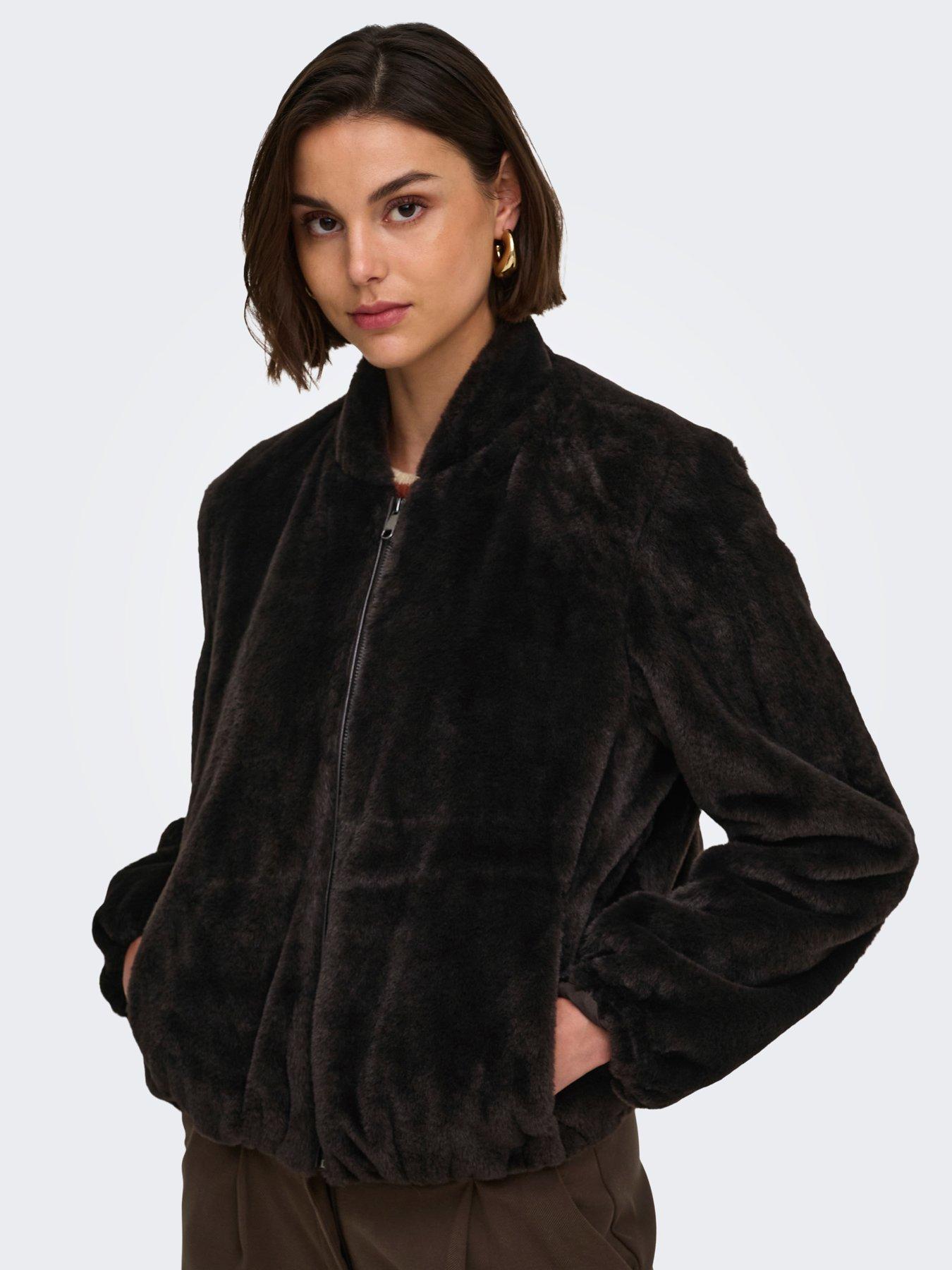 Image 4 of 7 of JDY Womens Macy Faux Fur Balloon Sleeve Jacket - Brown