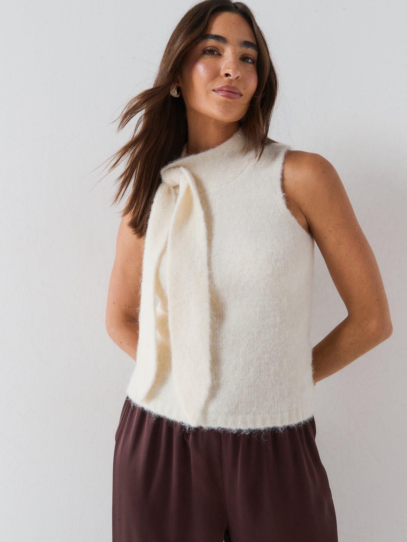 Image 1 of 6 of Vero Moda Womens Venezia Tie Detail Sleeveless Knitted Top - Beige