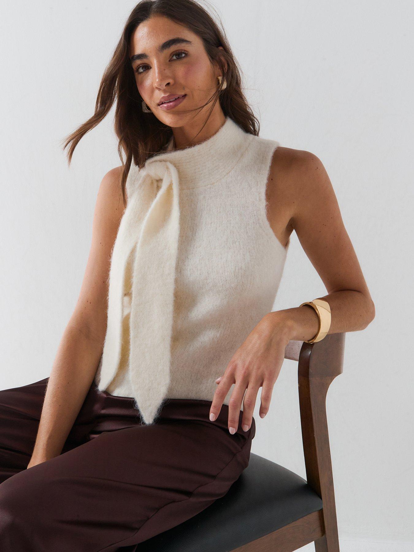 Image 4 of 6 of Vero Moda Womens Venezia Tie Detail Sleeveless Knitted Top - Beige