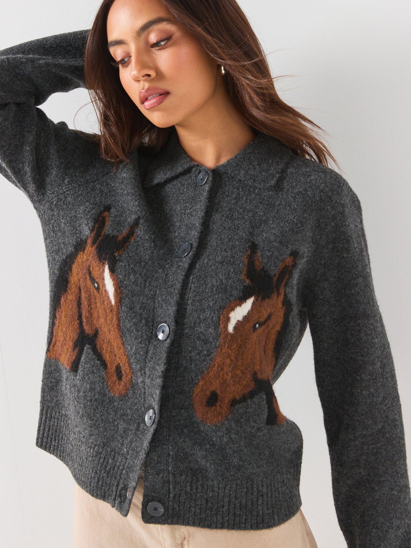Image 1 of 6 of Vero Moda Womens Horse Jacquard Polo Collar Button Through Cardigan - Grey