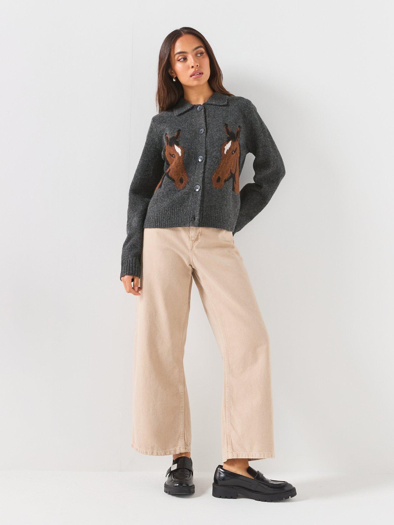 Image 3 of 6 of Vero Moda Womens Horse Jacquard Polo Collar Button Through Cardigan - Grey