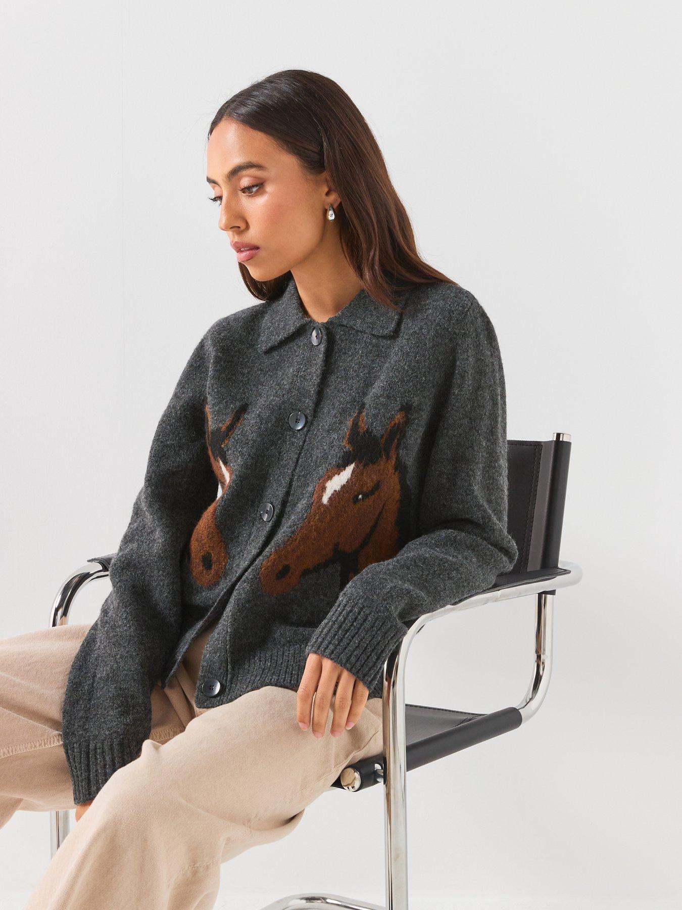 Image 4 of 6 of Vero Moda Womens Horse Jacquard Polo Collar Button Through Cardigan - Grey