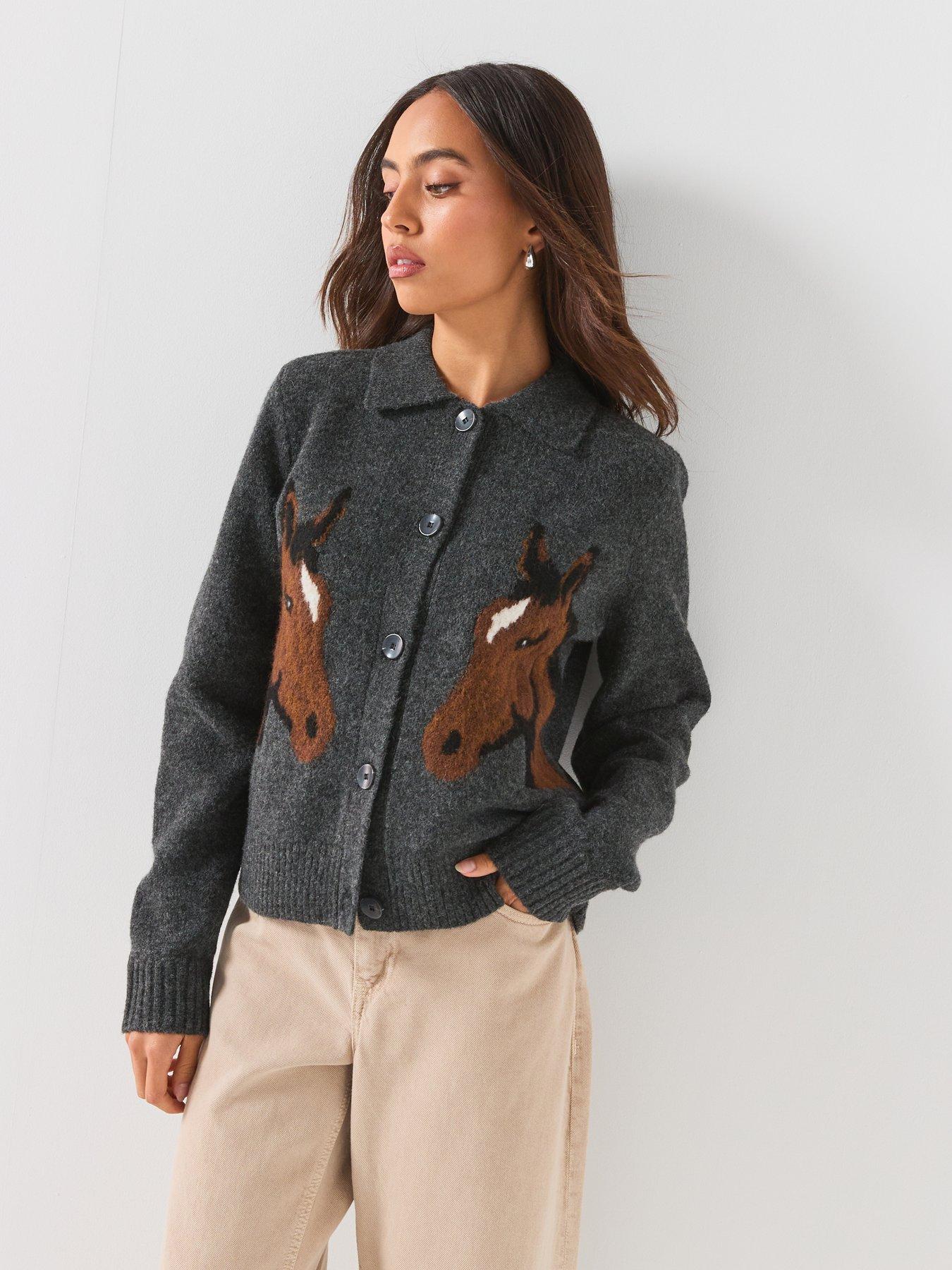 Image 5 of 6 of Vero Moda Womens Horse Jacquard Polo Collar Button Through Cardigan - Grey