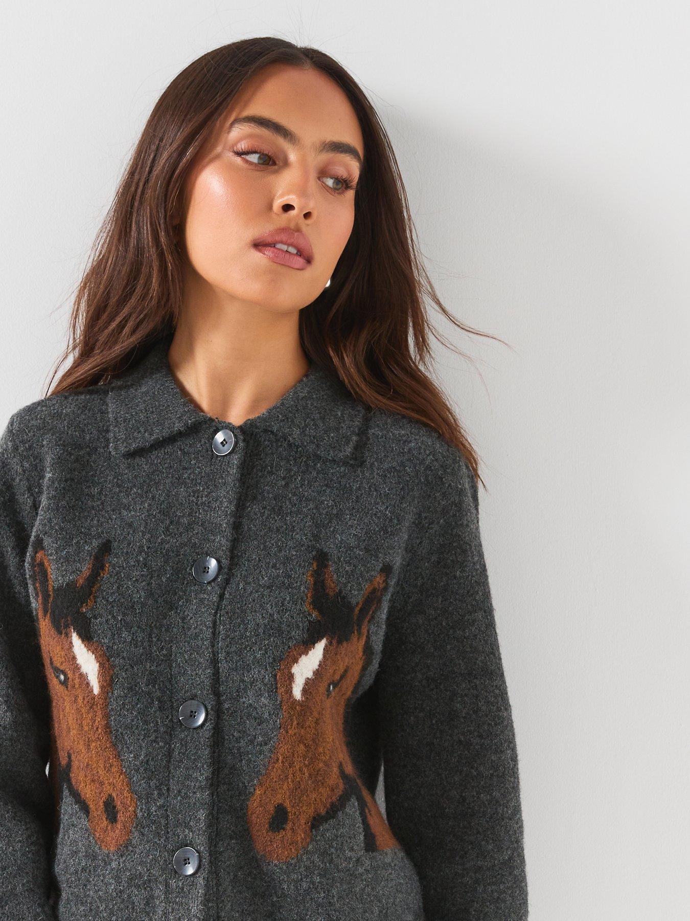 Image 6 of 6 of Vero Moda Womens Horse Jacquard Polo Collar Button Through Cardigan - Grey