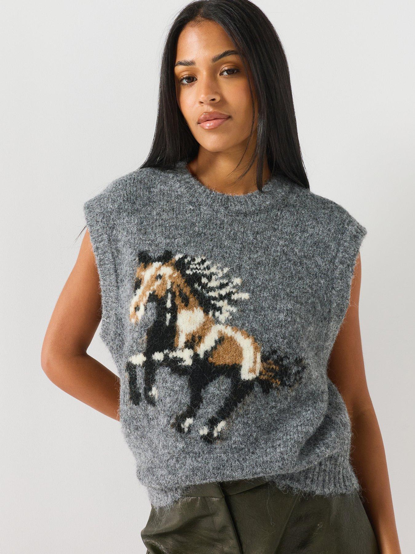 Image 1 of 4 of Vero Moda Vero Moda Womens Intarsia Crew Neck Sleeveless Waistcoat - Grey