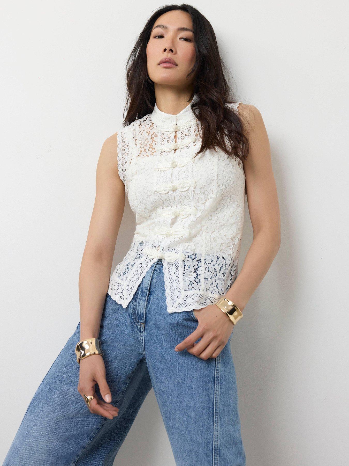 Image 1 of 6 of Mint Velvet Ivory Lace Military Top - White