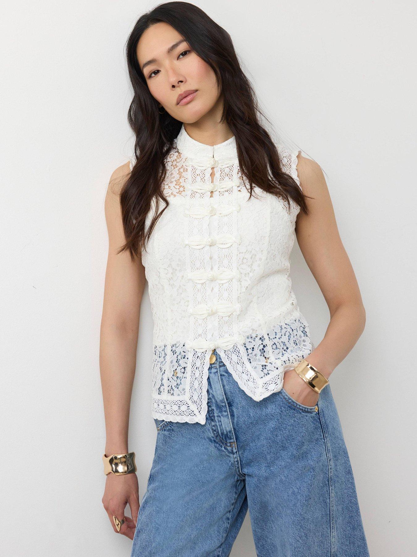 Image 2 of 6 of Mint Velvet Ivory Lace Military Top - White