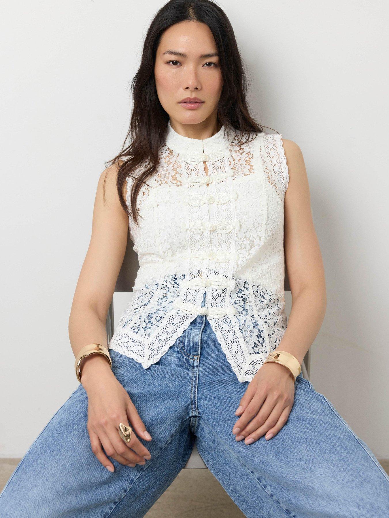 Image 3 of 6 of Mint Velvet Ivory Lace Military Top - White