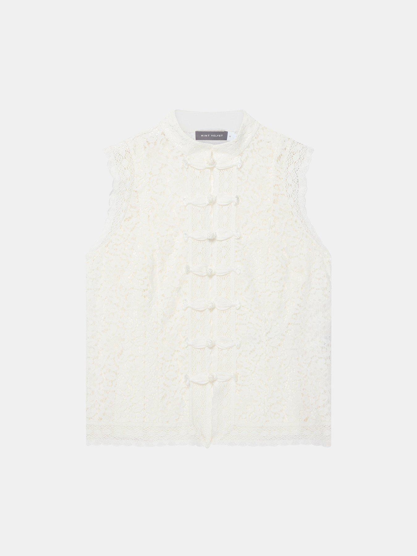 Image 5 of 6 of Mint Velvet Ivory Lace Military Top - White