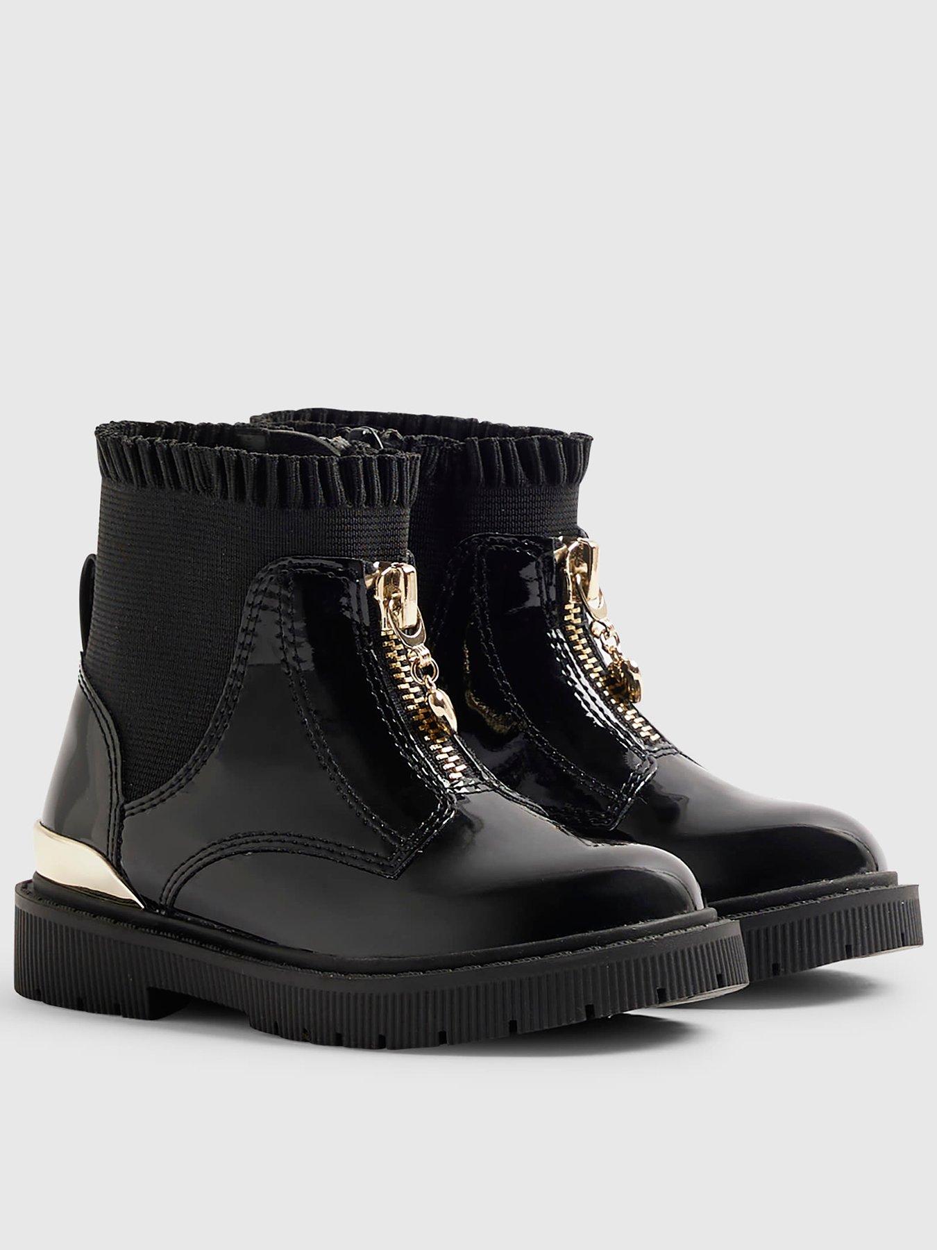 River Island Mini Girls Zip Front Faux Leather Frill Ankle Boots - Black