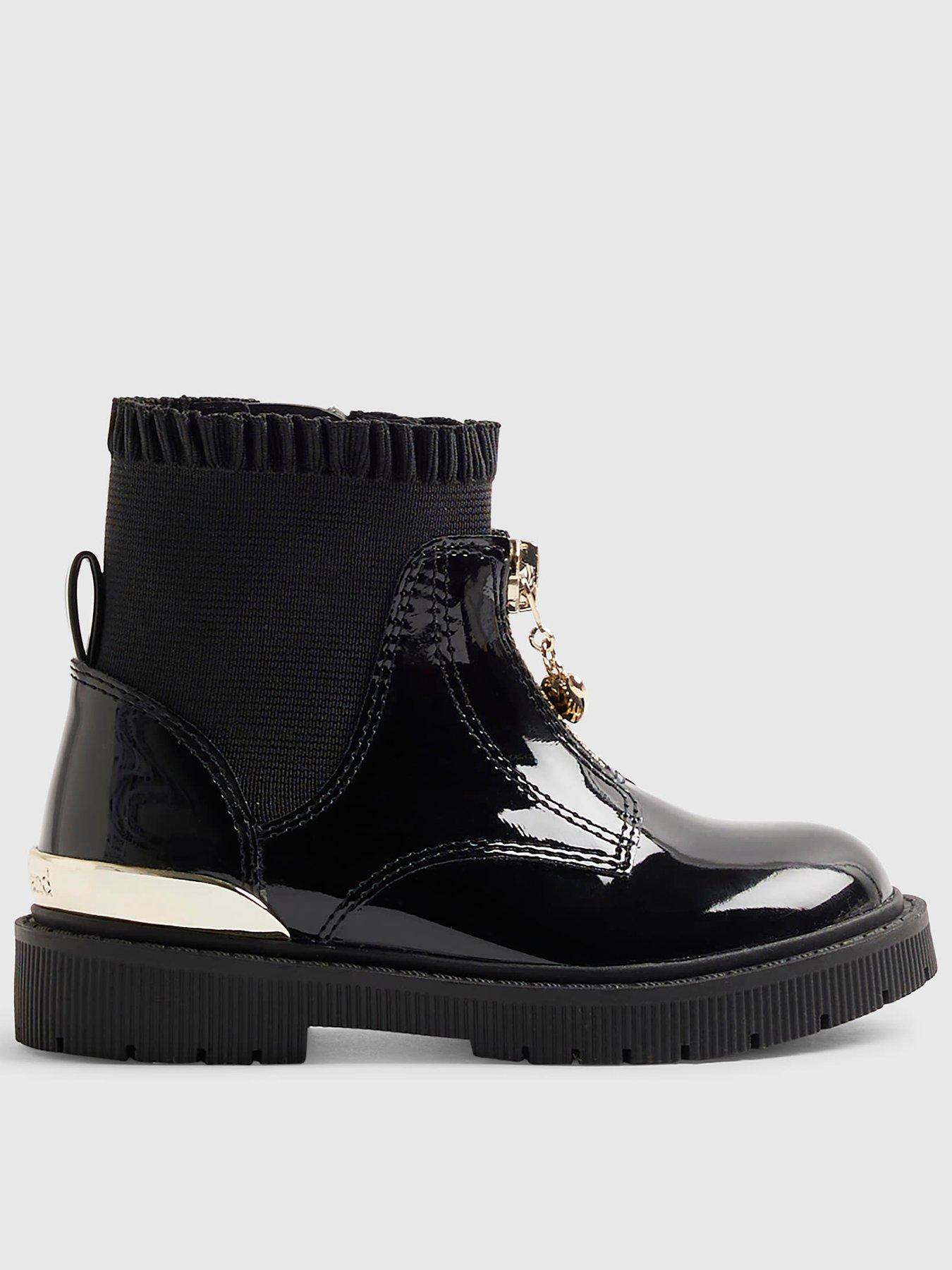 Image 1 of 5 of River Island Mini Girls Zip Front Faux Leather Frill Ankle Boots - Black