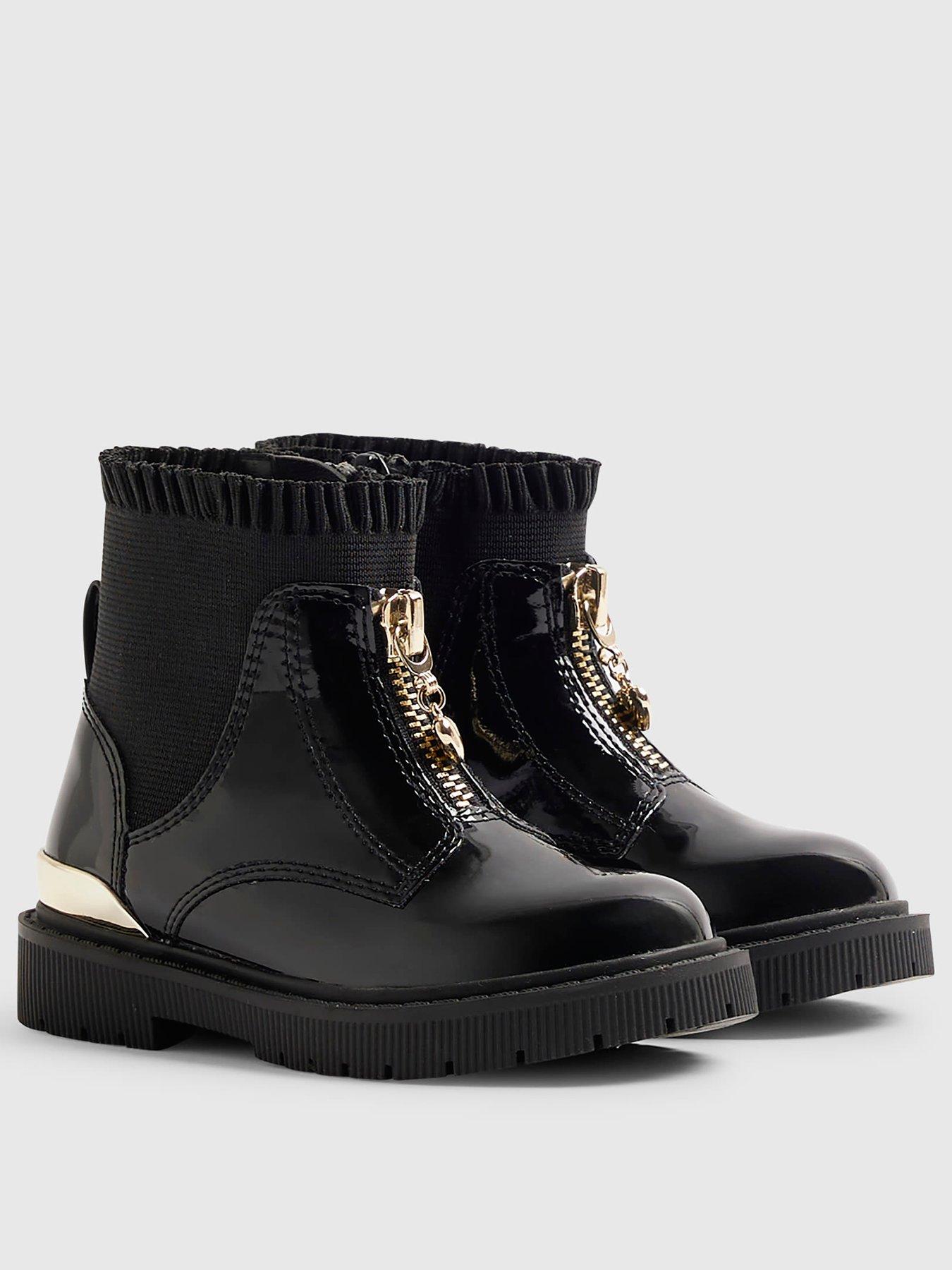 Image 2 of 5 of River Island Mini Girls Zip Front Faux Leather Frill Ankle Boots - Black