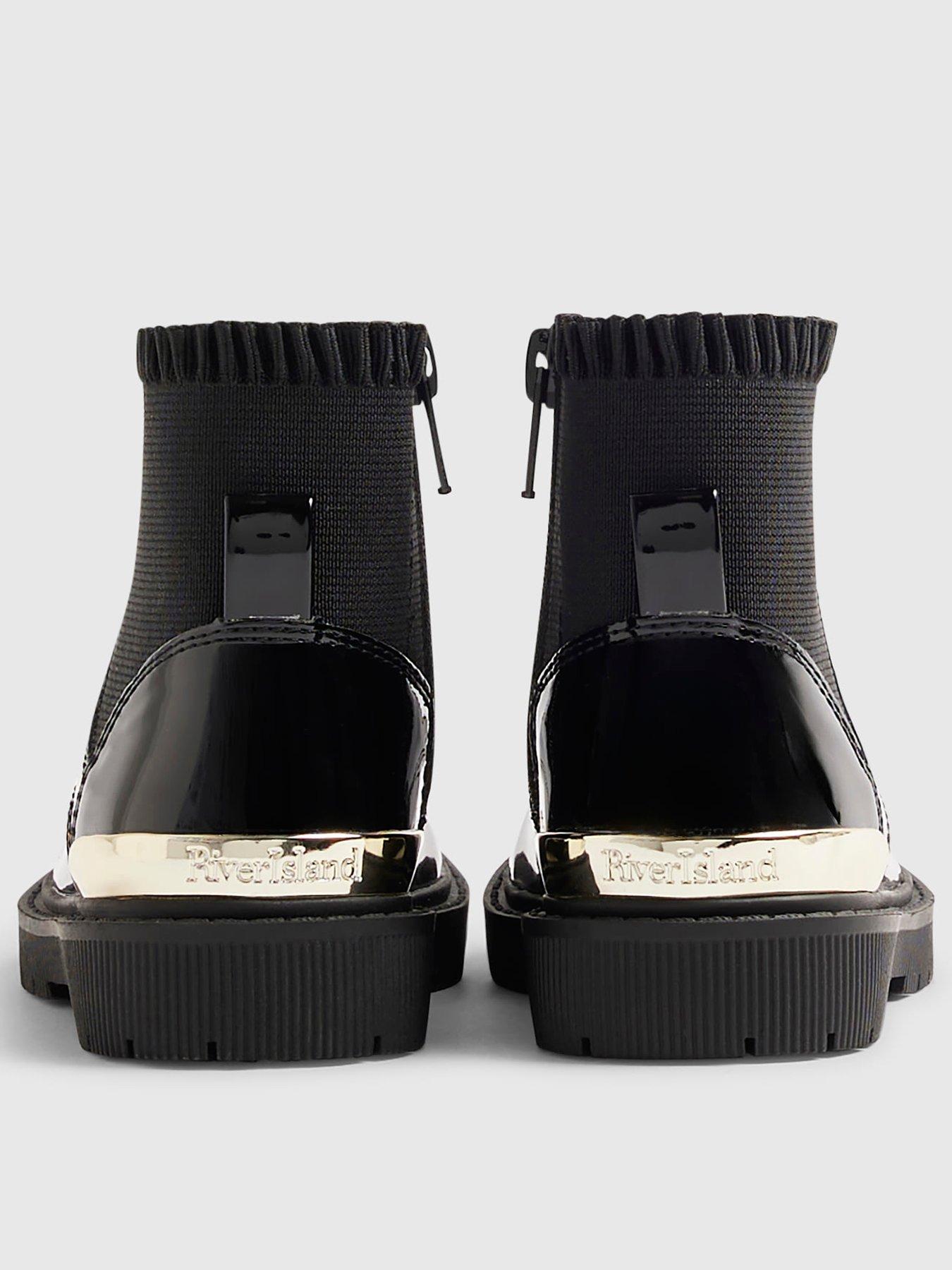 Image 3 of 5 of River Island Mini Girls Zip Front Faux Leather Frill Ankle Boots - Black