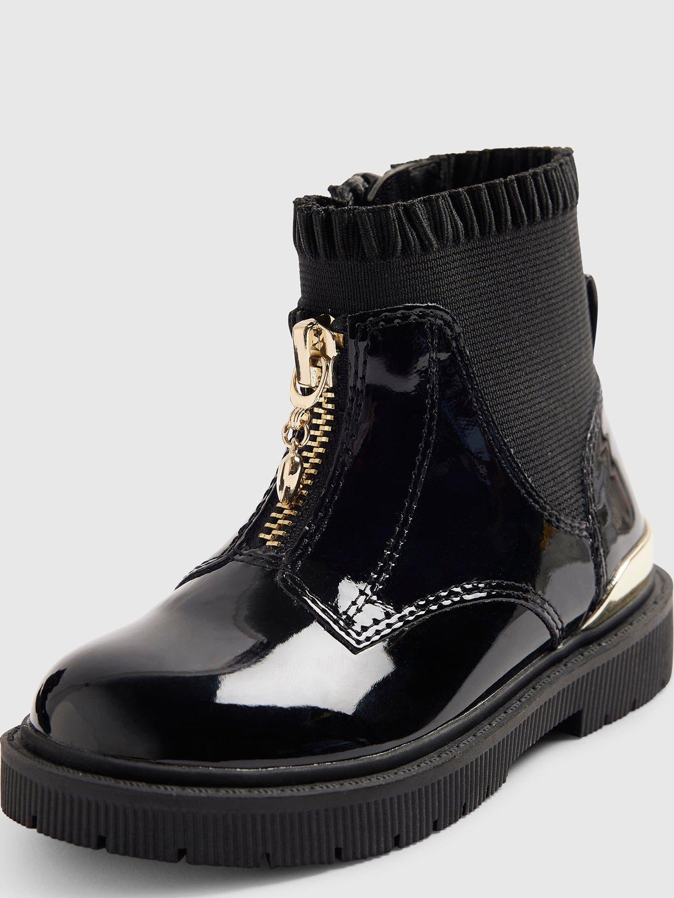 Image 4 of 5 of River Island Mini Girls Zip Front Faux Leather Frill Ankle Boots - Black