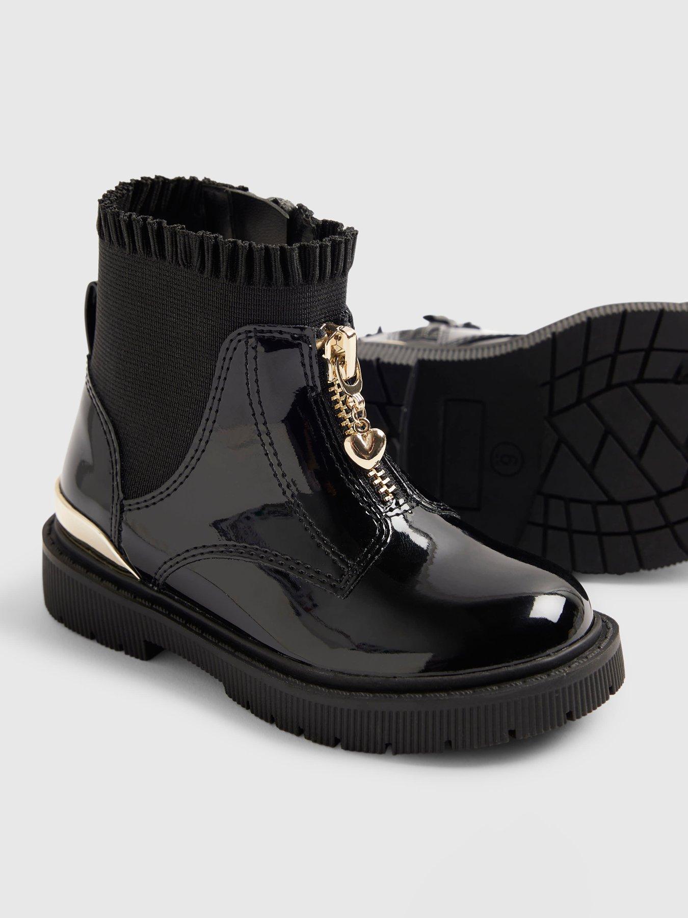 Image 5 of 5 of River Island Mini Girls Zip Front Faux Leather Frill Ankle Boots - Black
