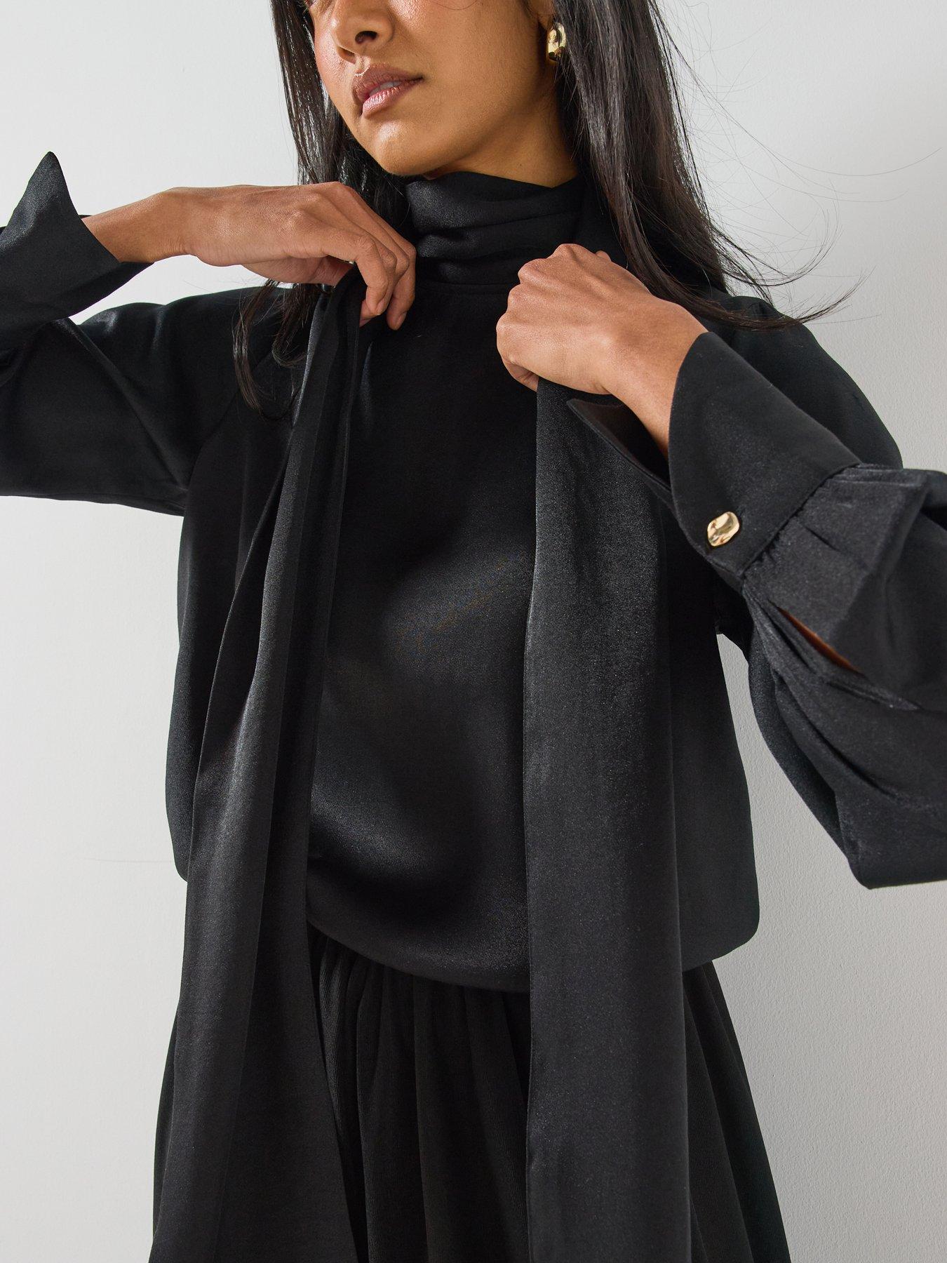 Image 5 of 6 of JDY Womens Tie Neck Satin Look Blouse - Black